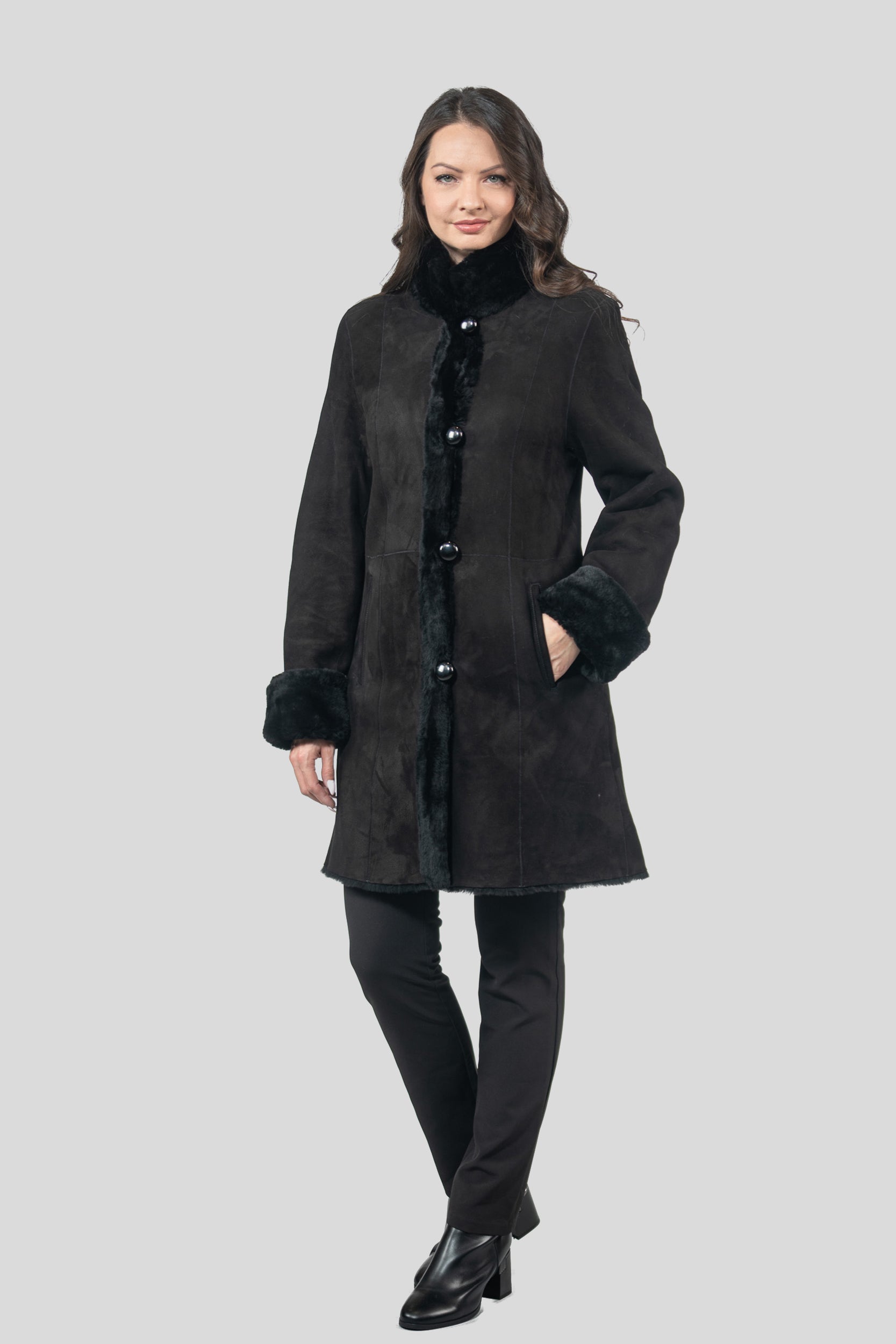 Black Half Coat In Spanish Merino with Stand Collar