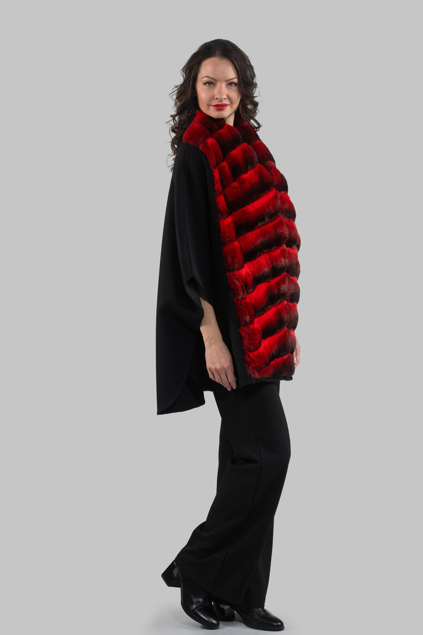 Black Cashmere Cape with Red Chinchilla Trim