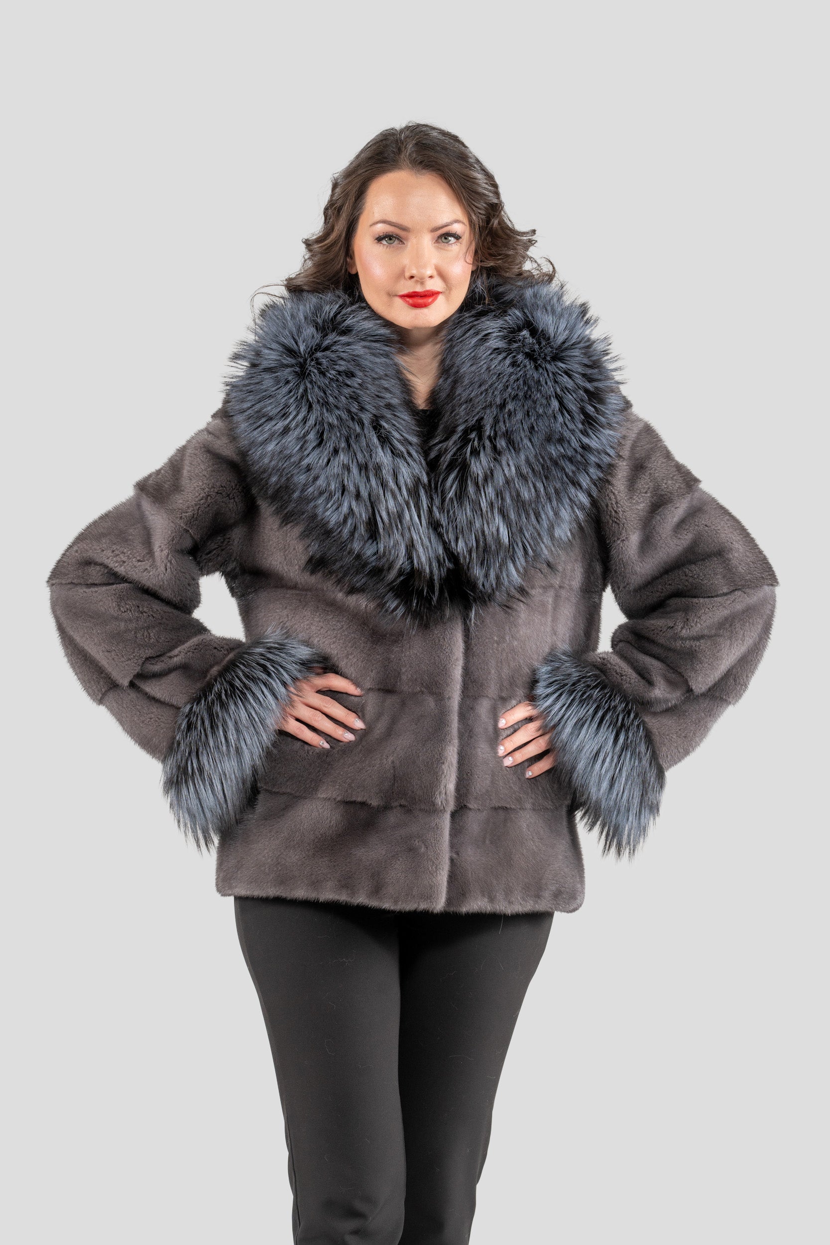 Grey Moon Mink Fur Jacket with Fox Shawl Collar and Cuffs