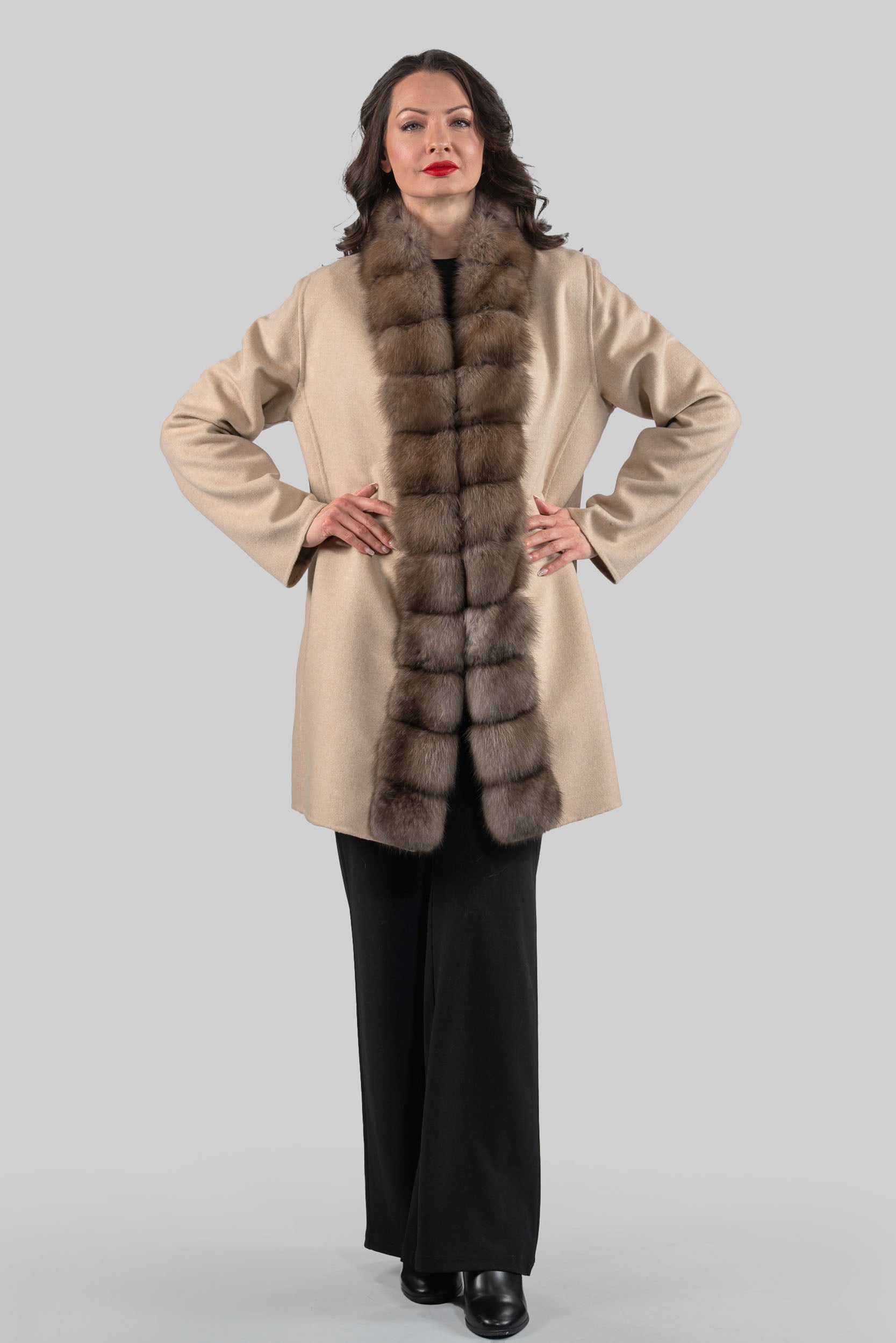 Ecru Cashmere Half Coat with Russian Sable Trim