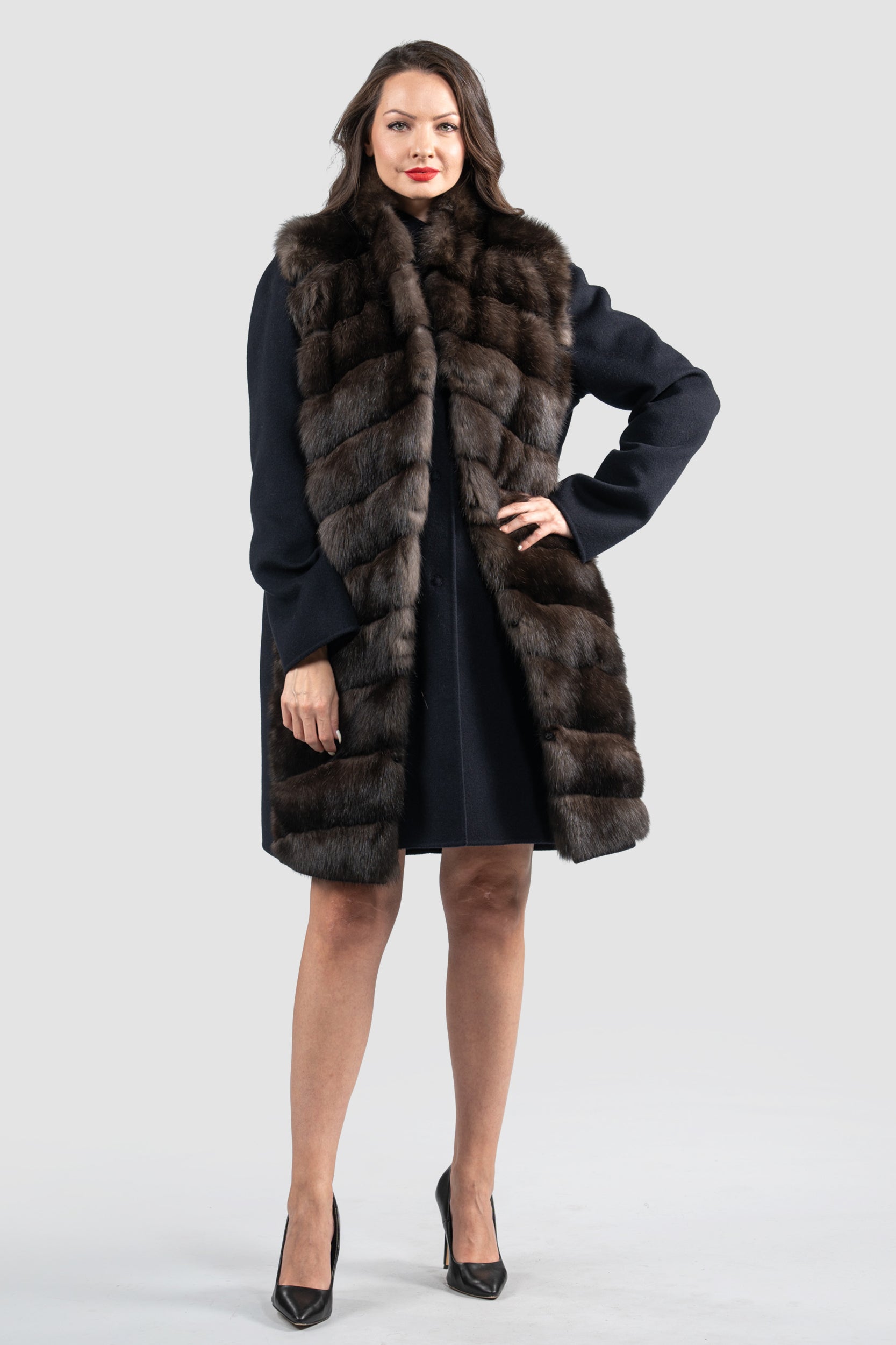Blue Black Cashmere Half Coat & Vest with Russian Sable Trim