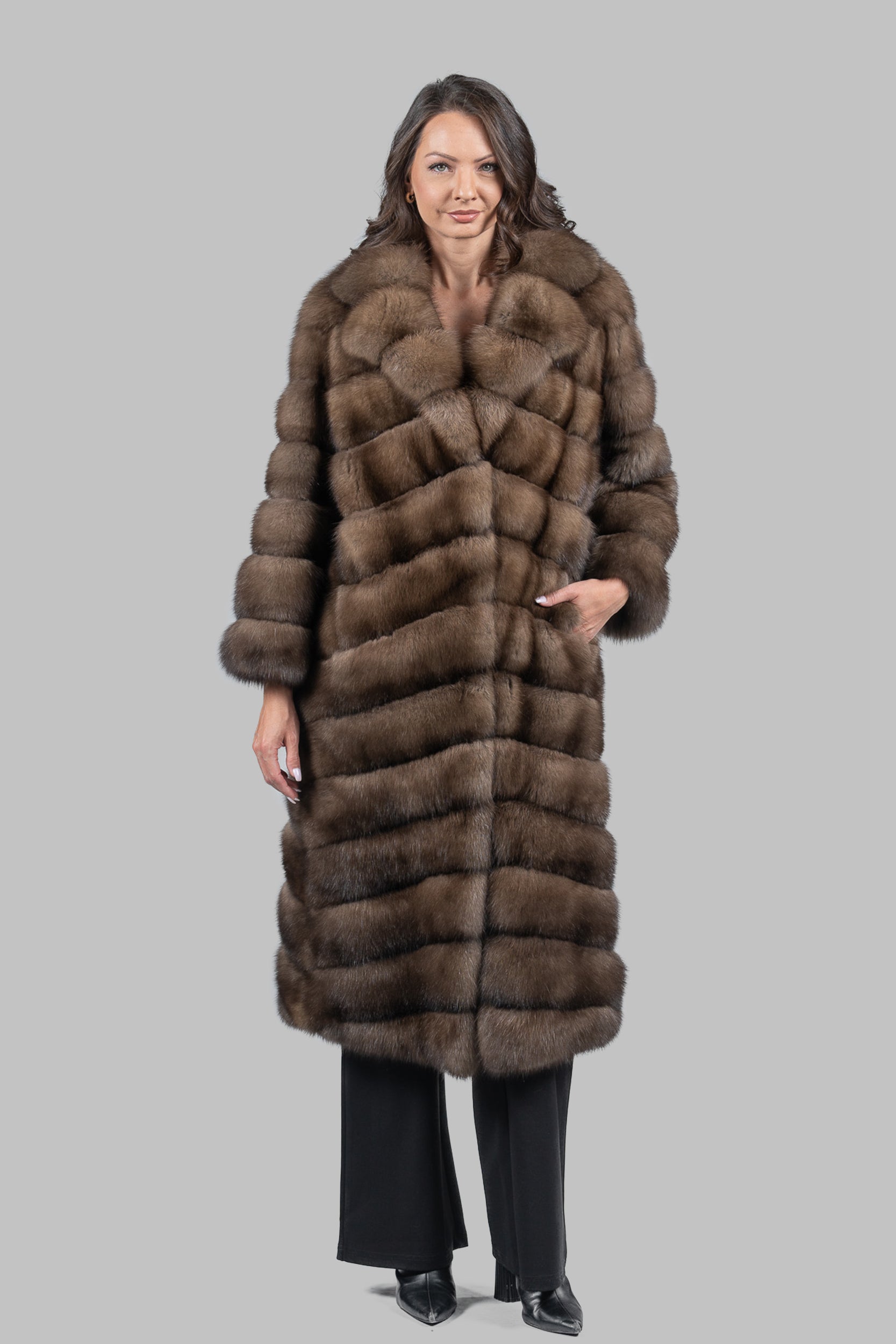 CASIANI | Graphite Russian Sable Full-Length Coat with Notch Collar