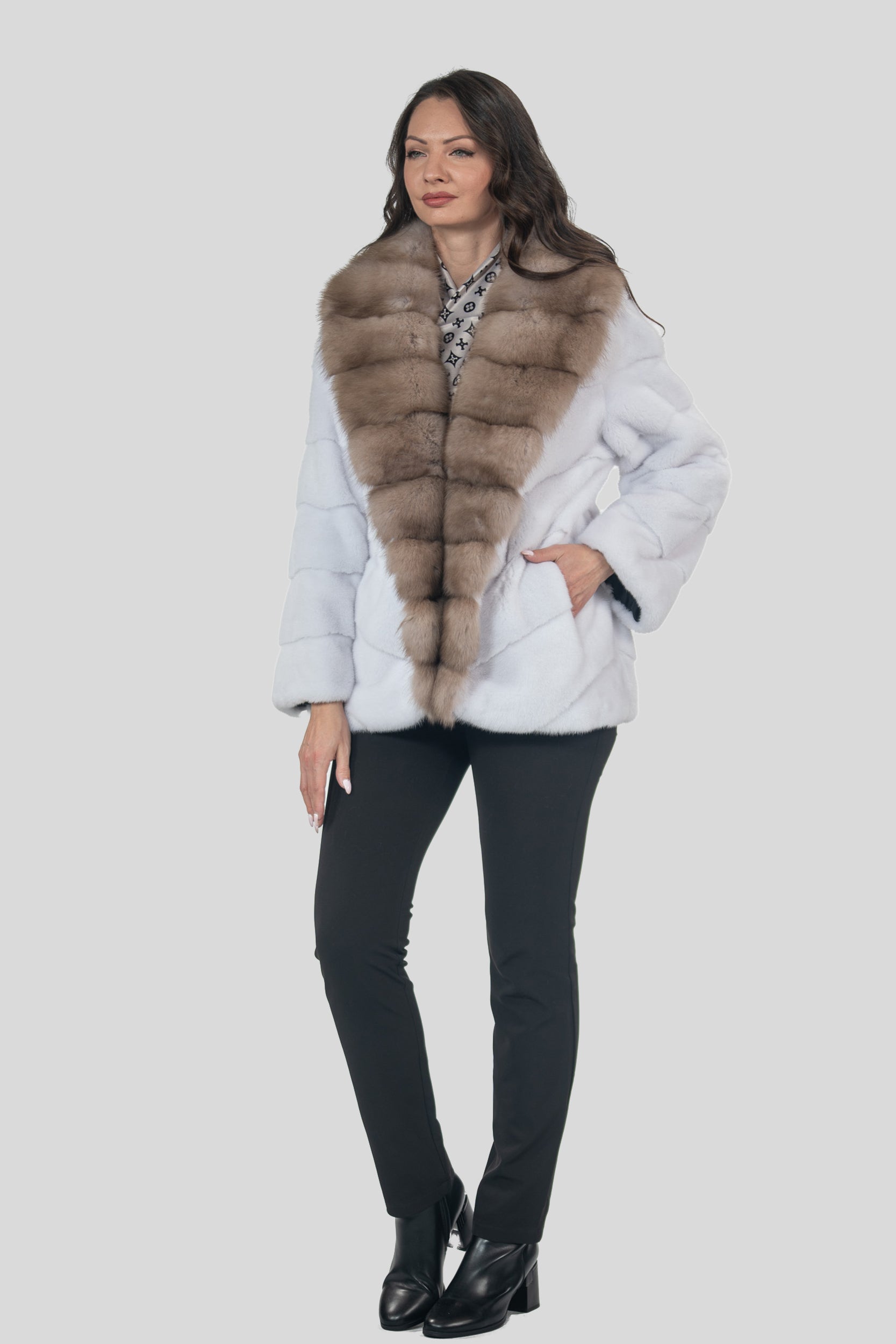 White Mink Half Coat with Baumarten Trim
