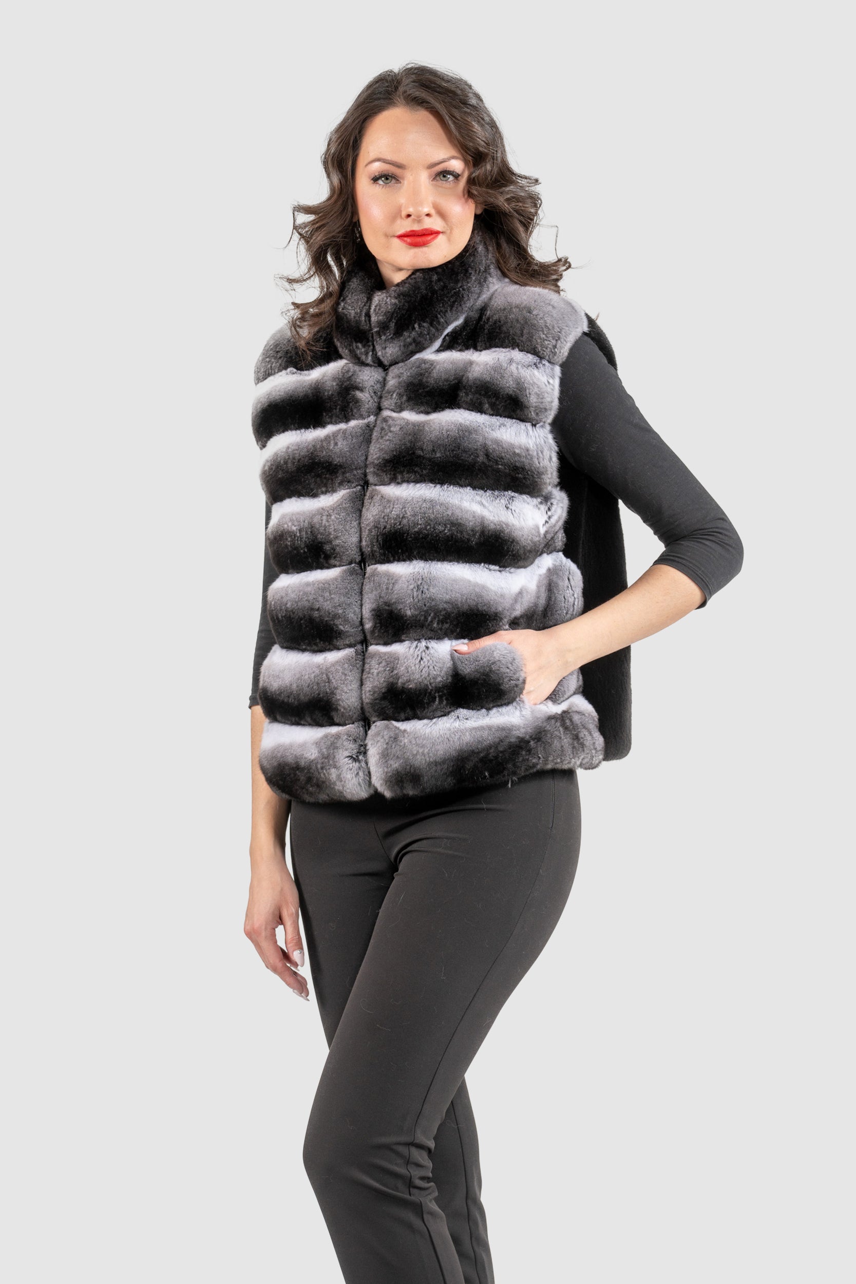 Natural Chinchilla Fur Vest with Stand Collar and Mink Trim