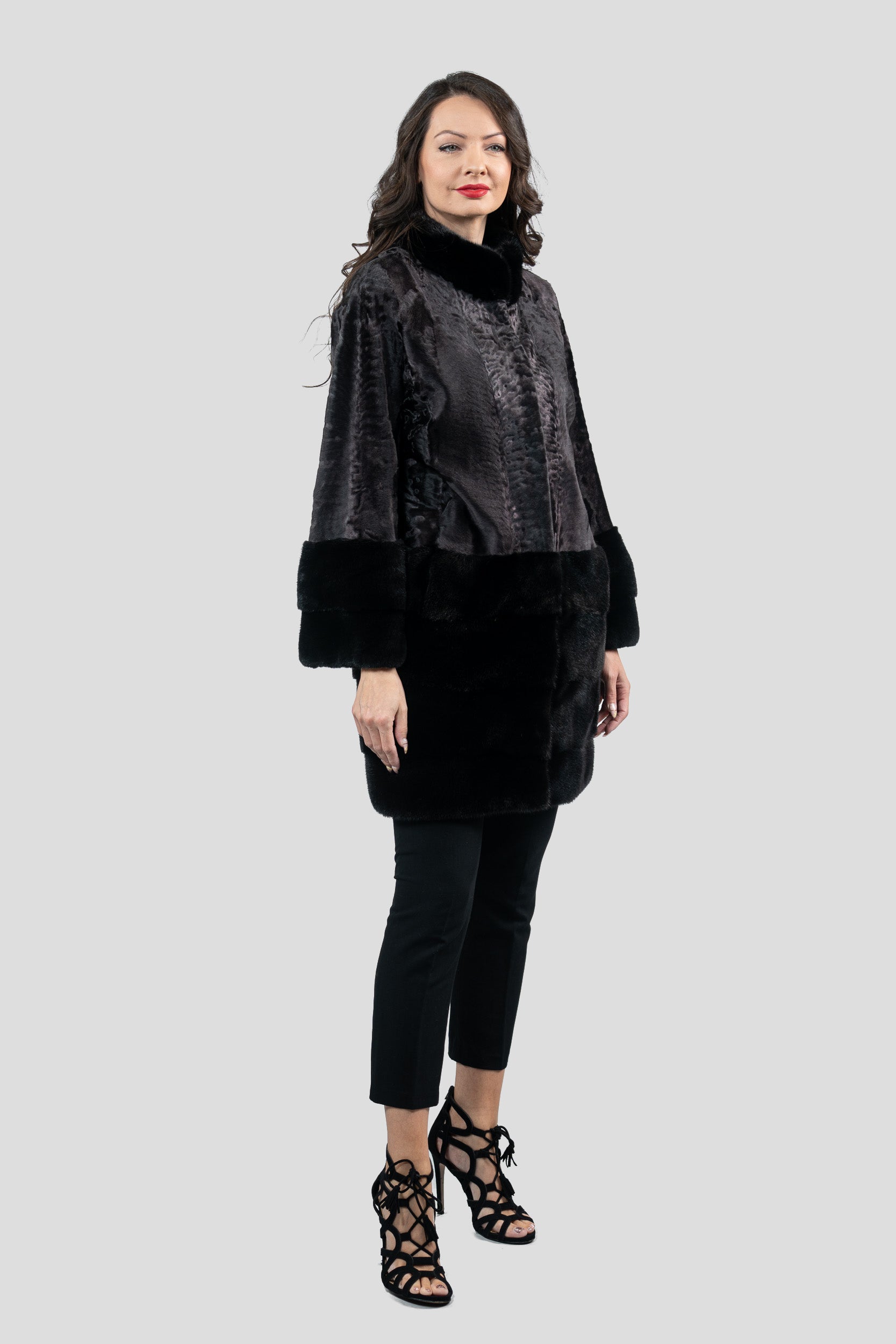 Gray Moon Swakara Half Coat with Mink Trim