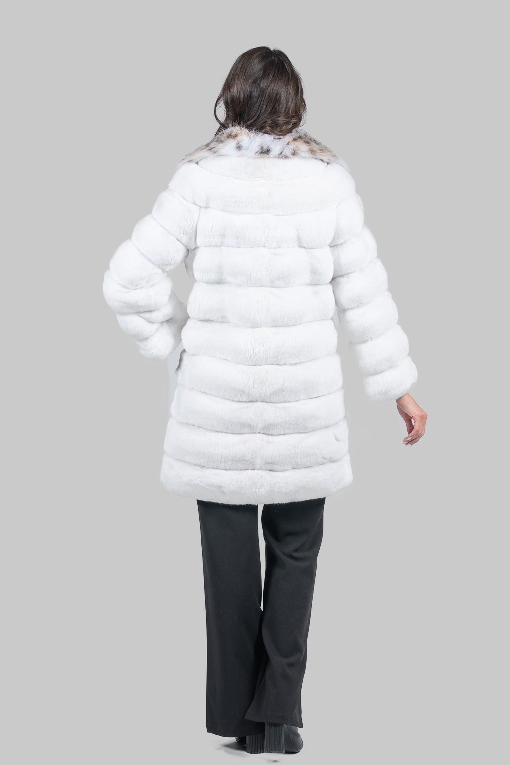 Pure White Chinchilla Half Coat with Bobcat Fur Collar