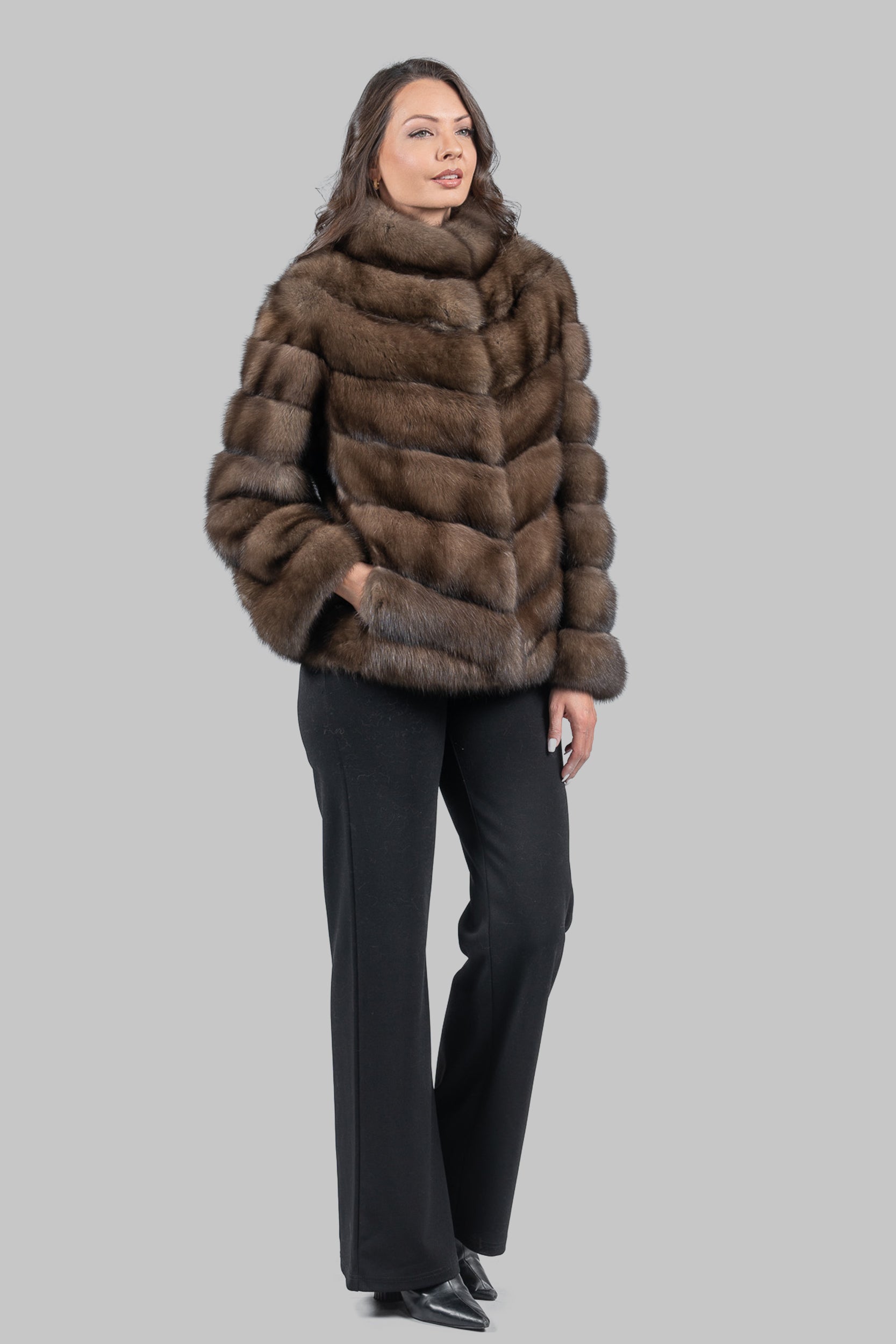 Graphite Russian Sable Chevron Jacket with Stand Collar