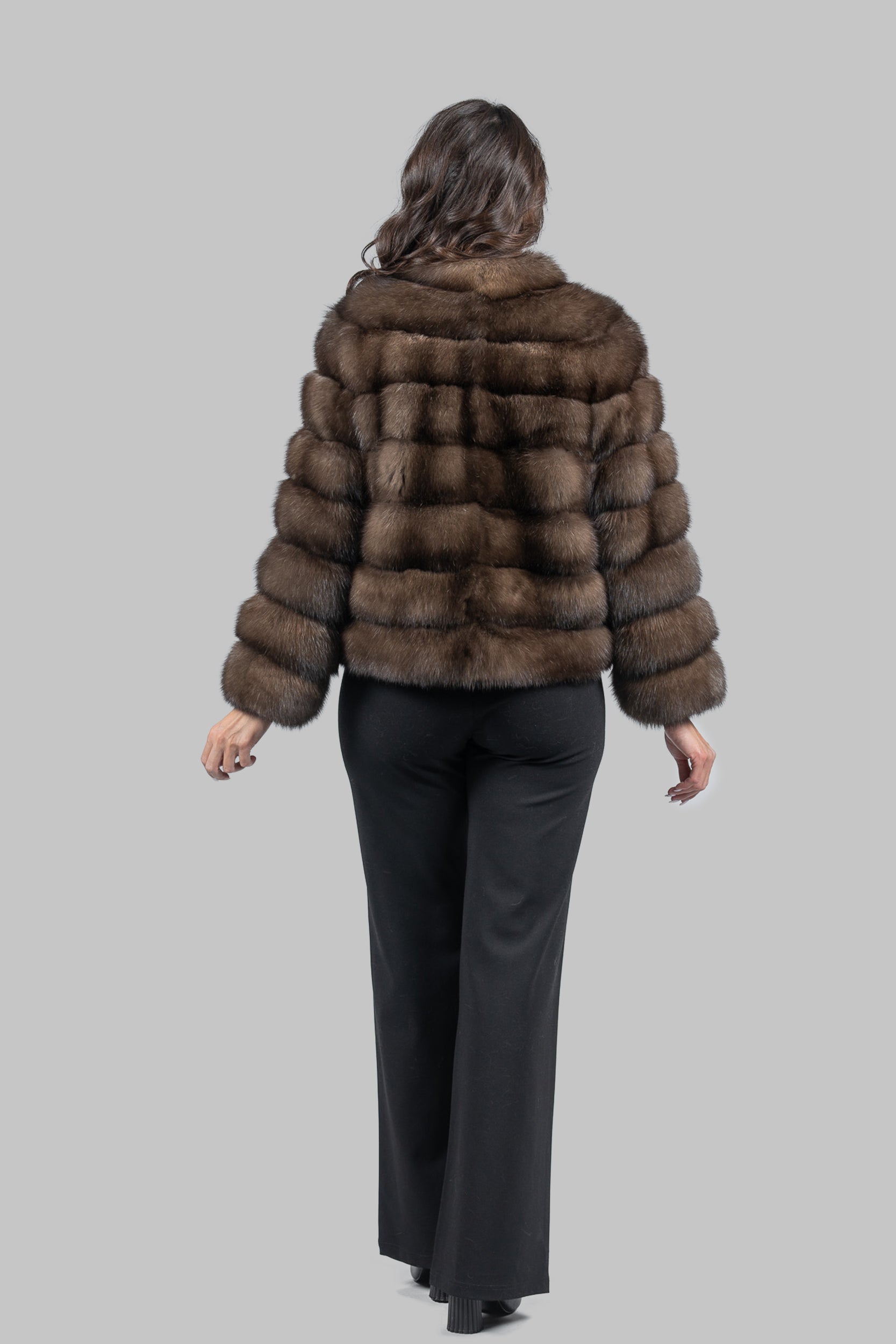 Graphite Russian Sable Cropped Jacket with Stand Collar