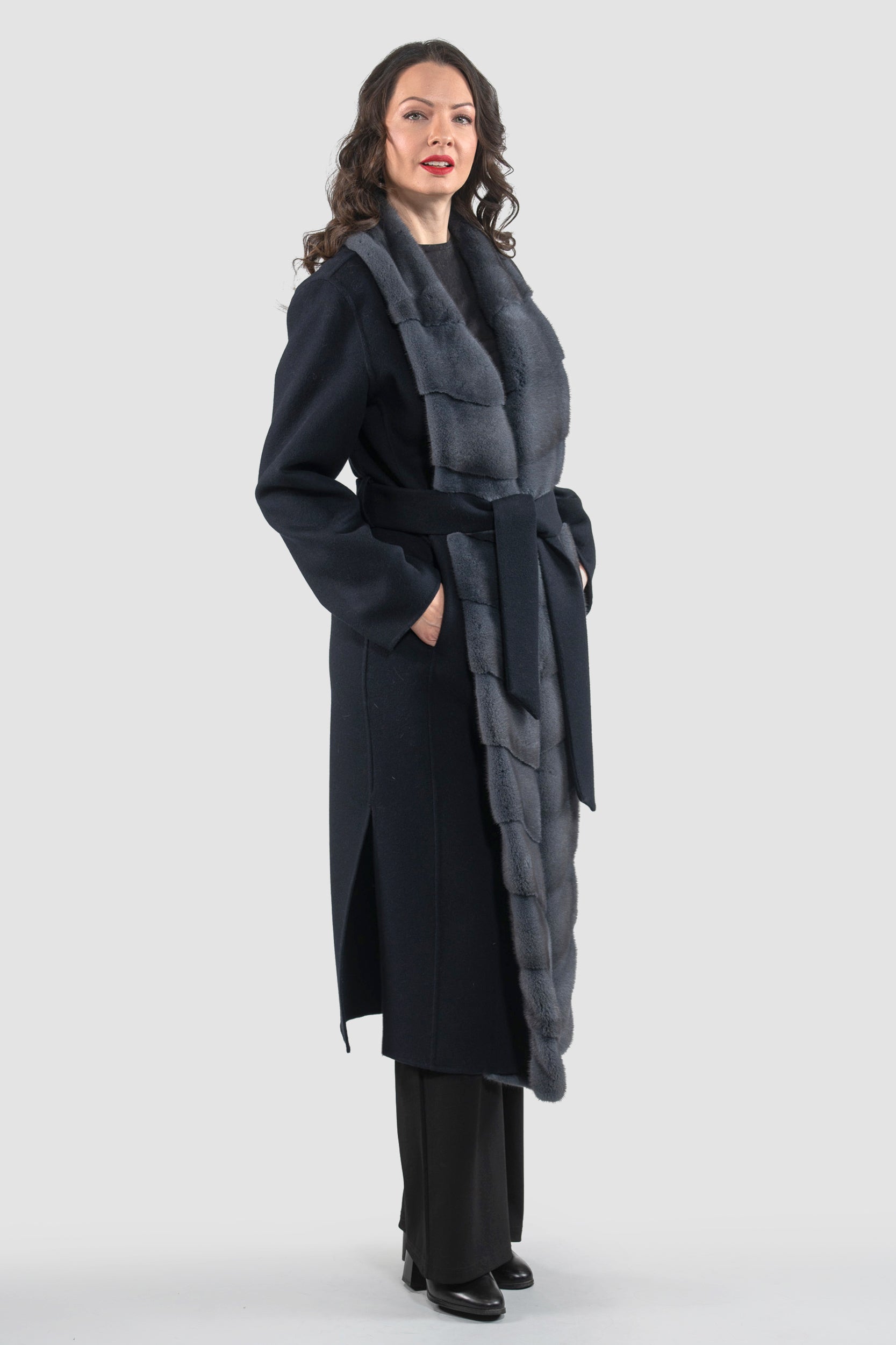 Blue Black Cashmere Coat with Mink Trim