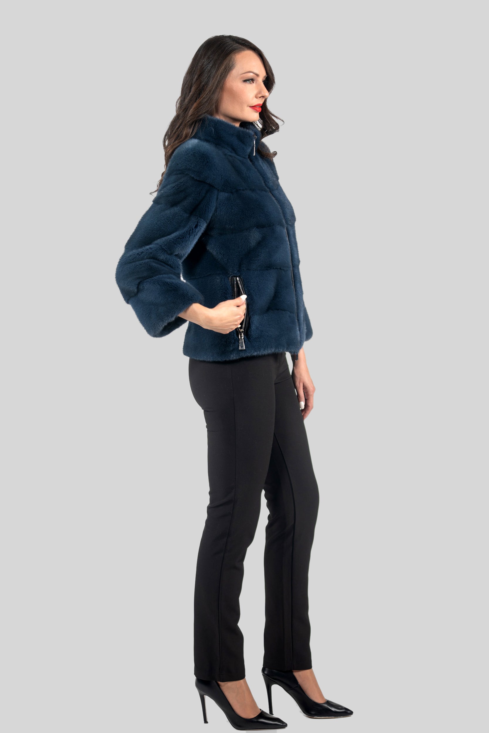 Blue Jean Mink Jacket with Stand Collar and Zipper