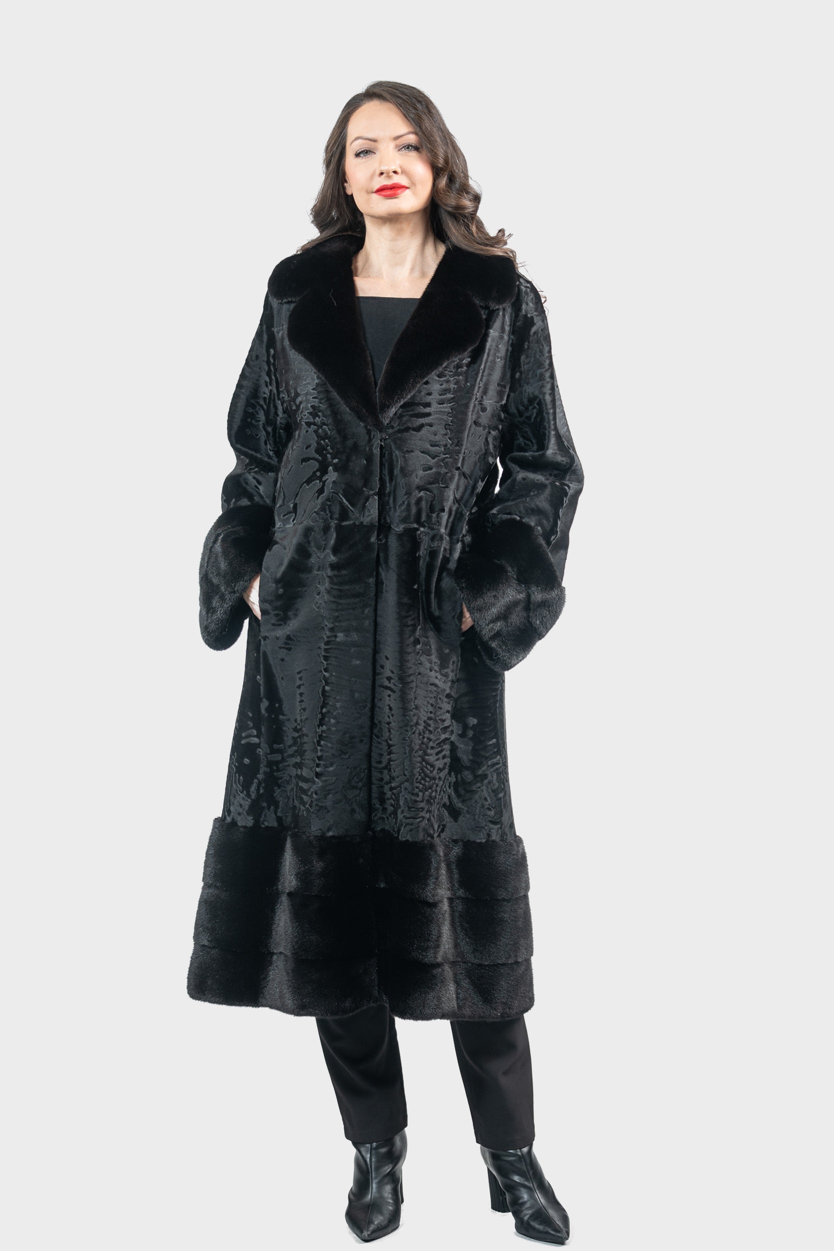 Black Swakara Coat with Mink Trim