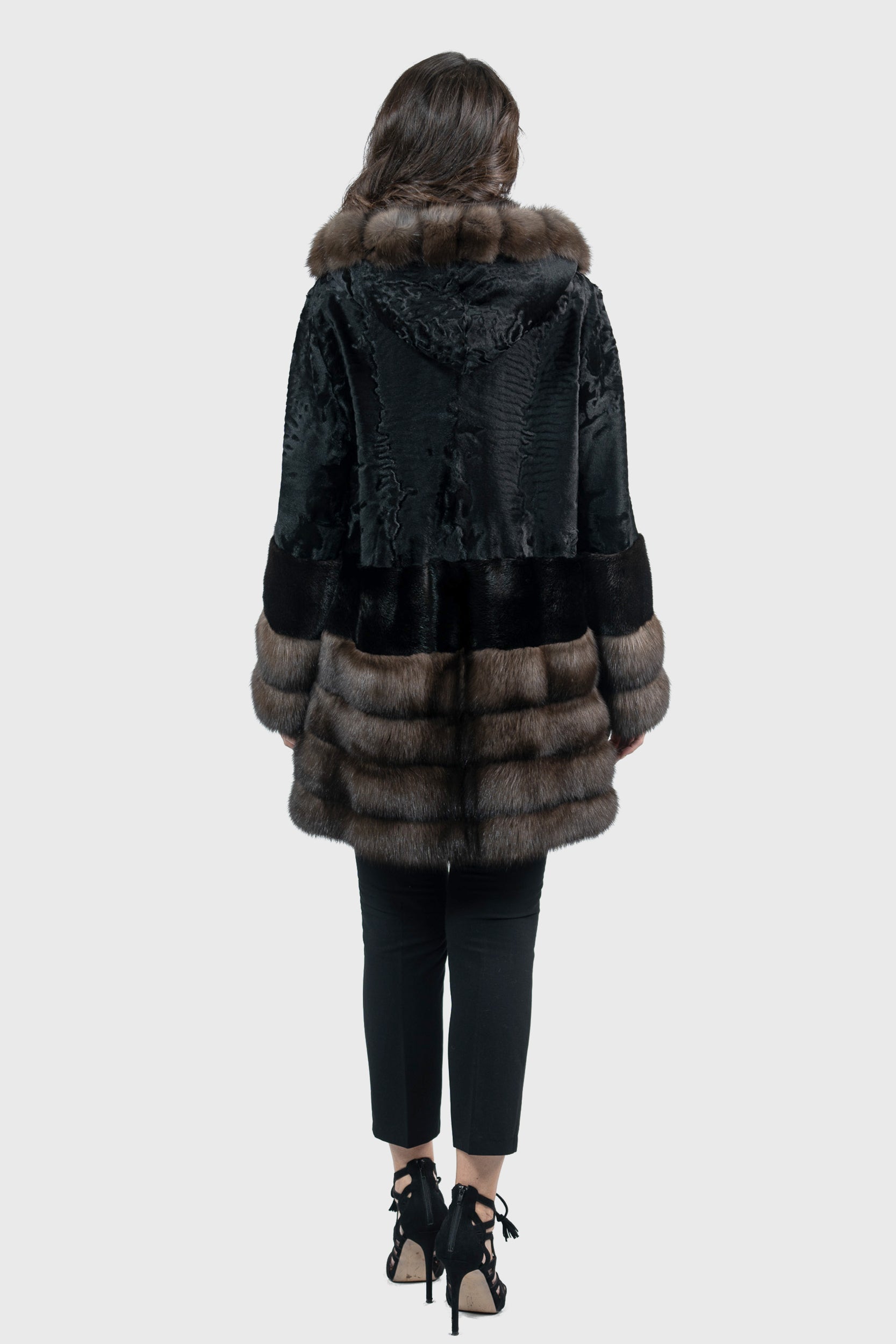 Black Swakara Hooded Half Coat with Mink and Russian Sable Trim