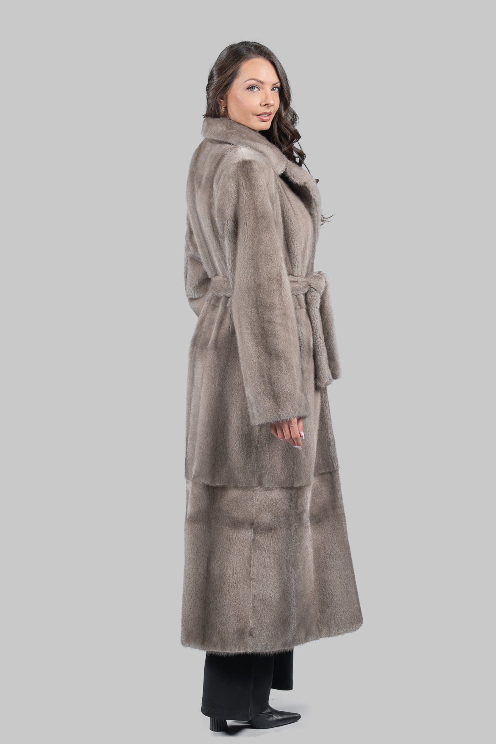 Silver Blue Skin to Skin Belted Mink Long Coat