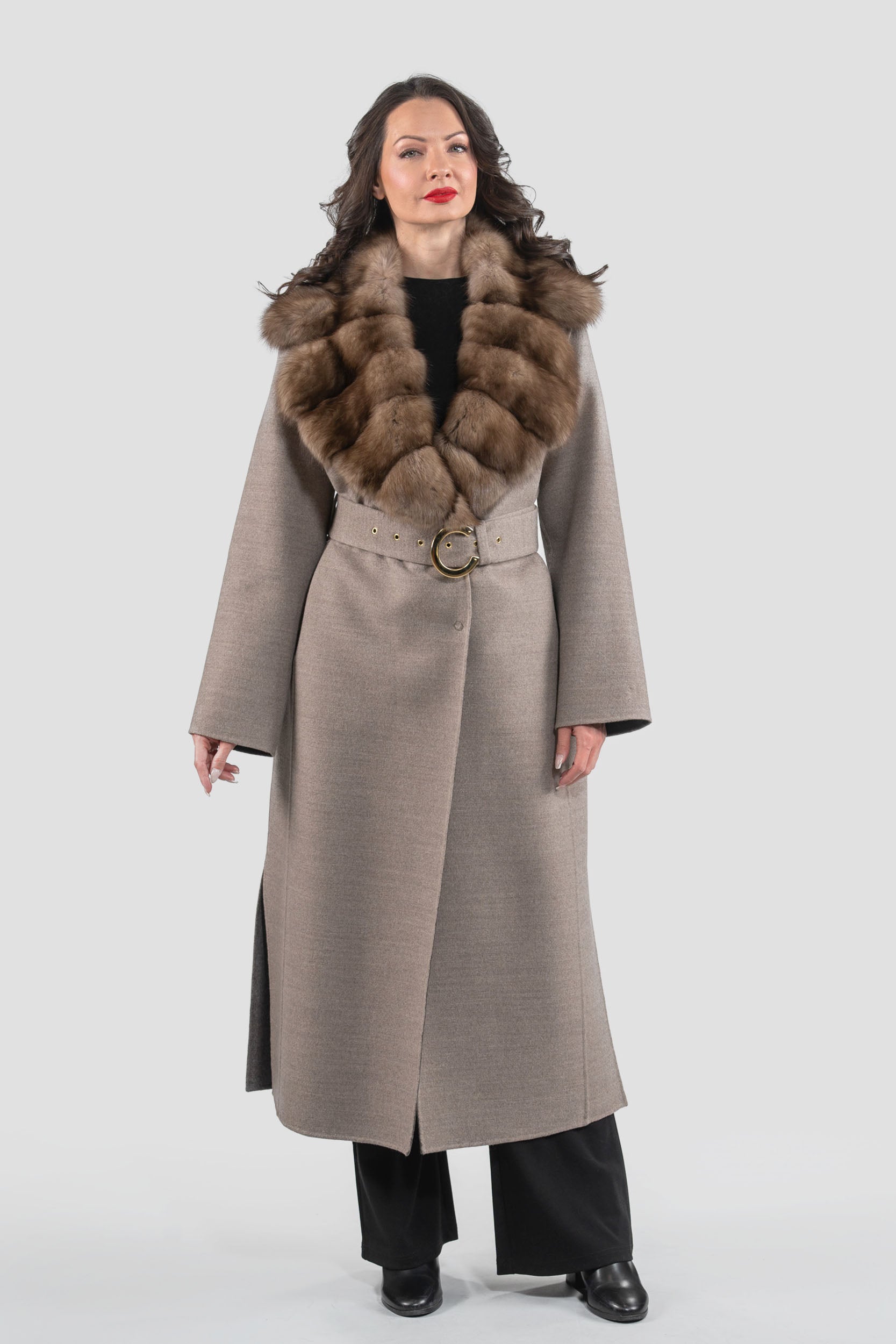 Grey Brown Cashmere Coat with Russian Sable Notch Collar
