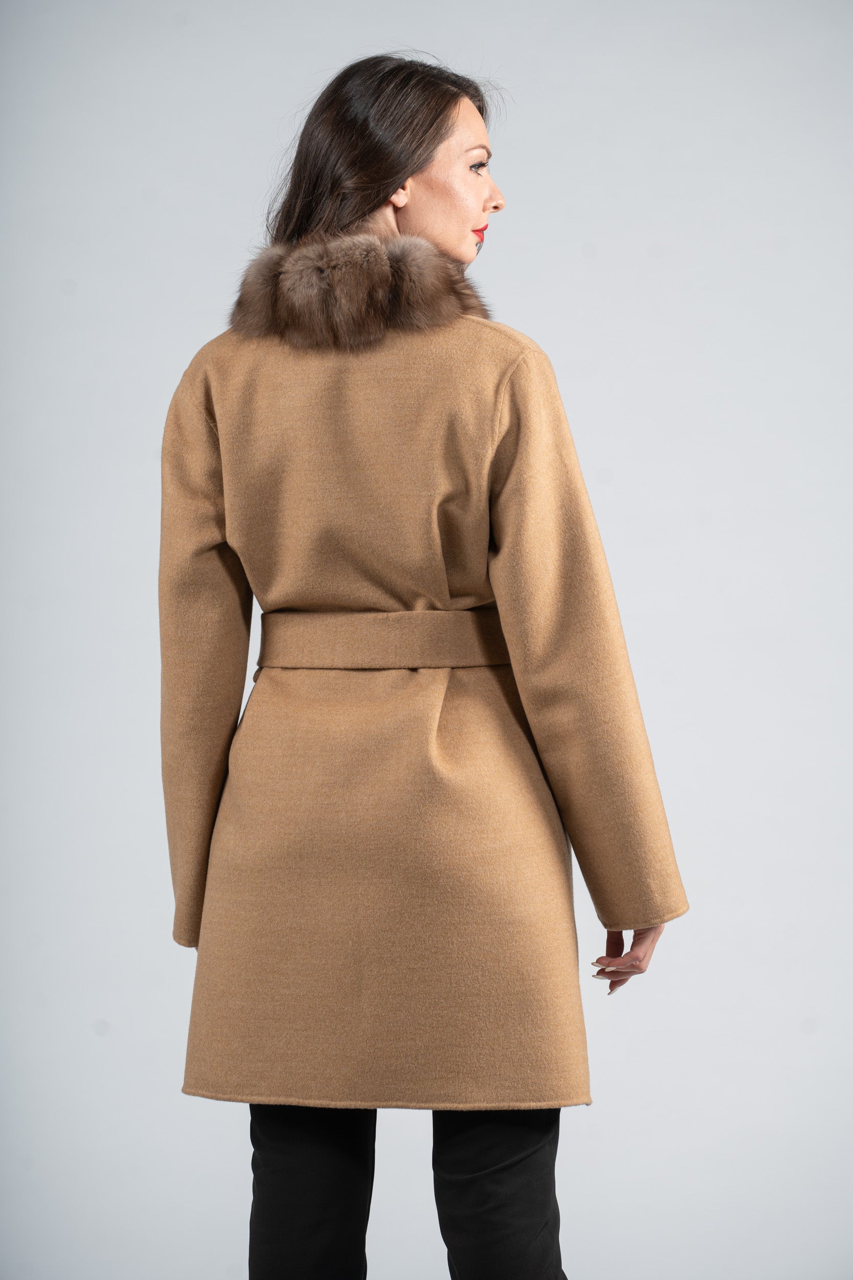 Beige Ecru Cashmere Coat with Russian Sable Trim