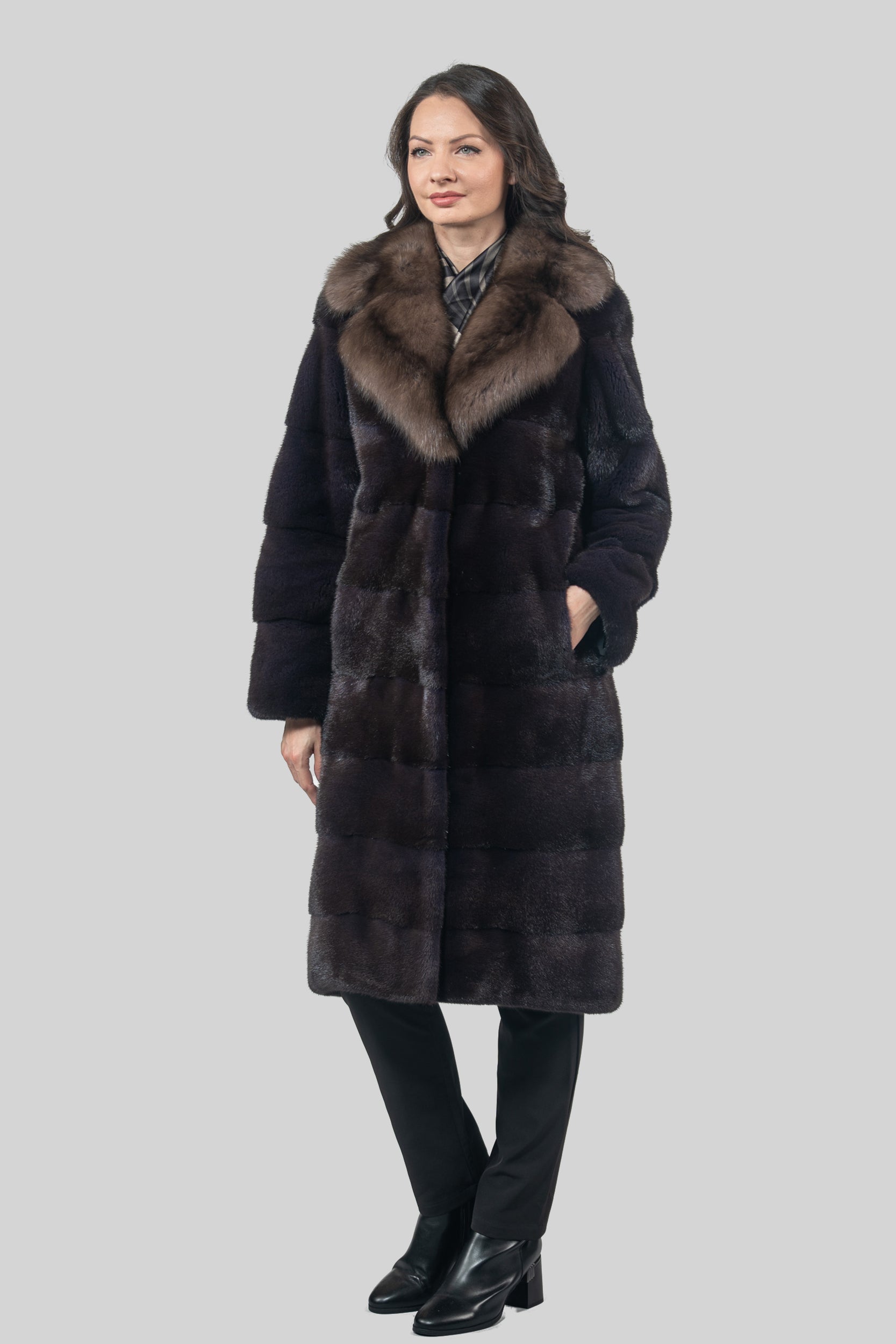 Aubergine Mink Half Coat with Russian Sable Notch Collar