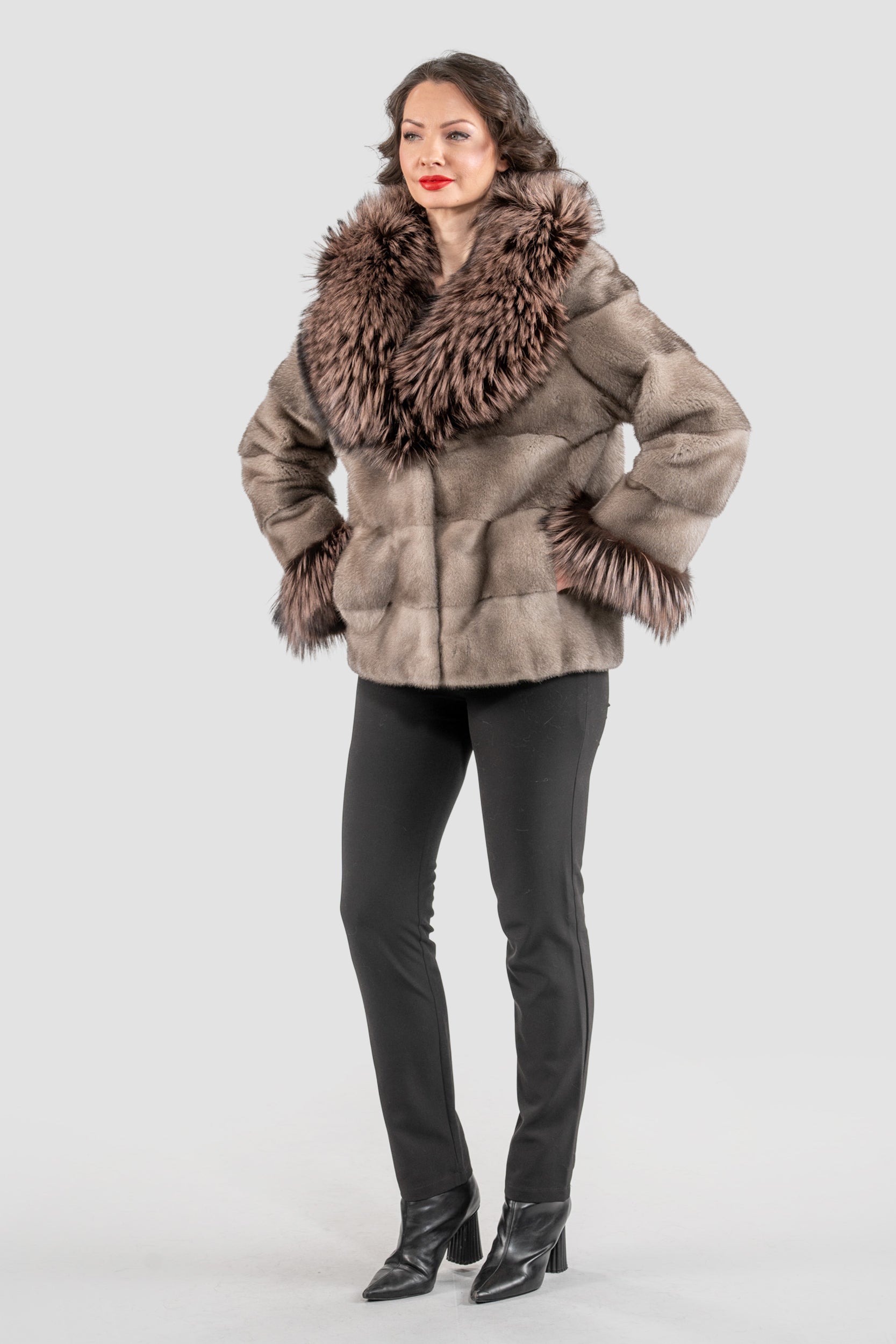 Silver Blue Mink Fur Jacket with Fox Shawl Collar and Cuffs