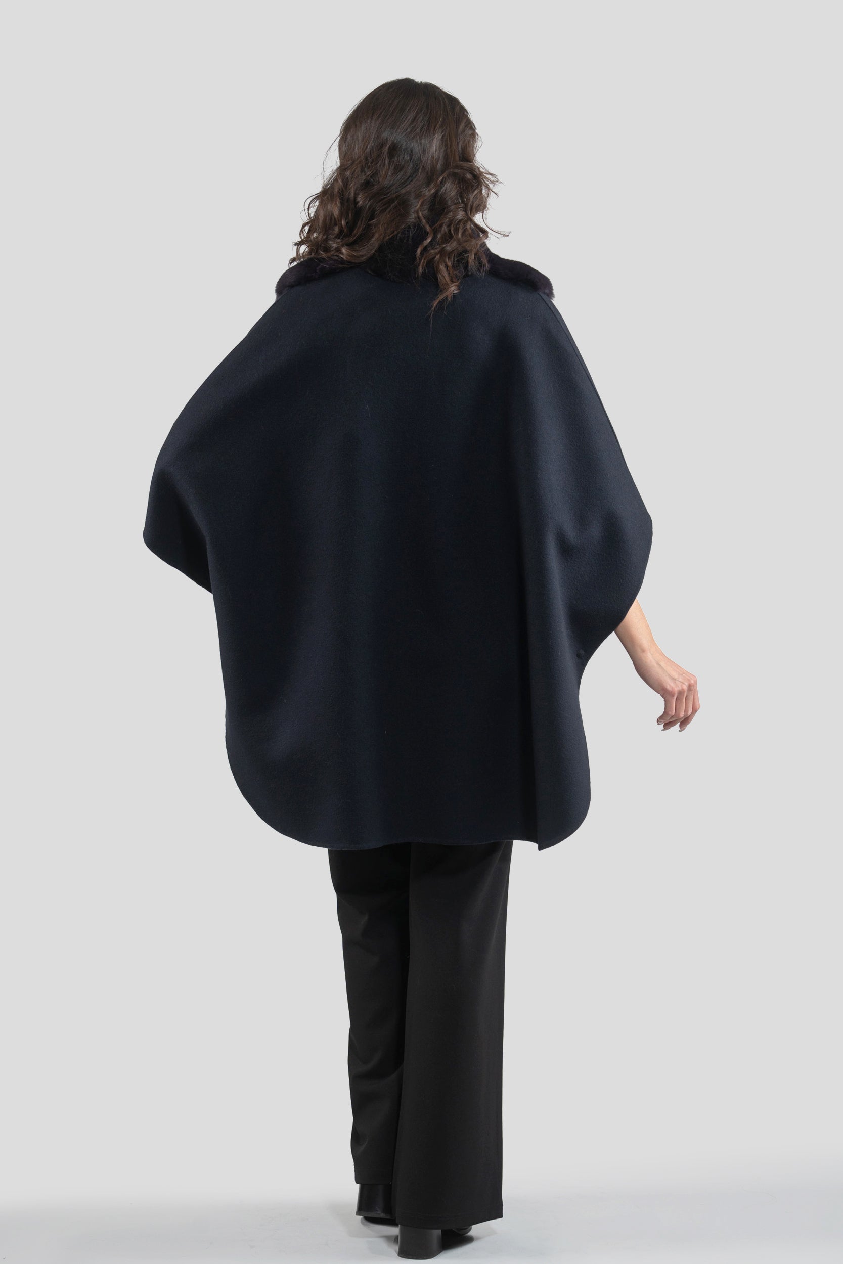 Black Cashmere Cape with Aubergine Chinchilla Trim