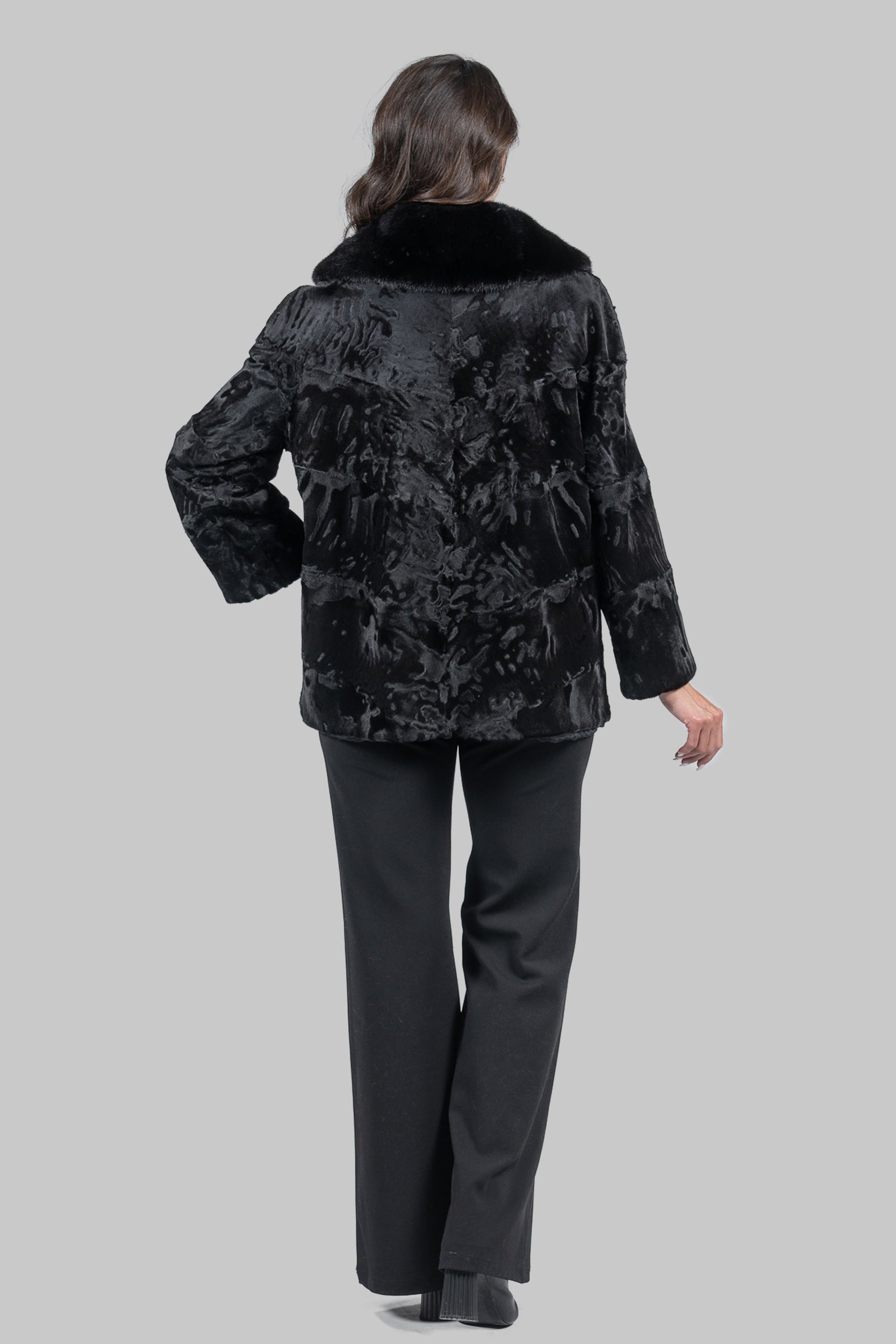 Black Swakara with Extended Mink Shawl Collar Fur Jacket