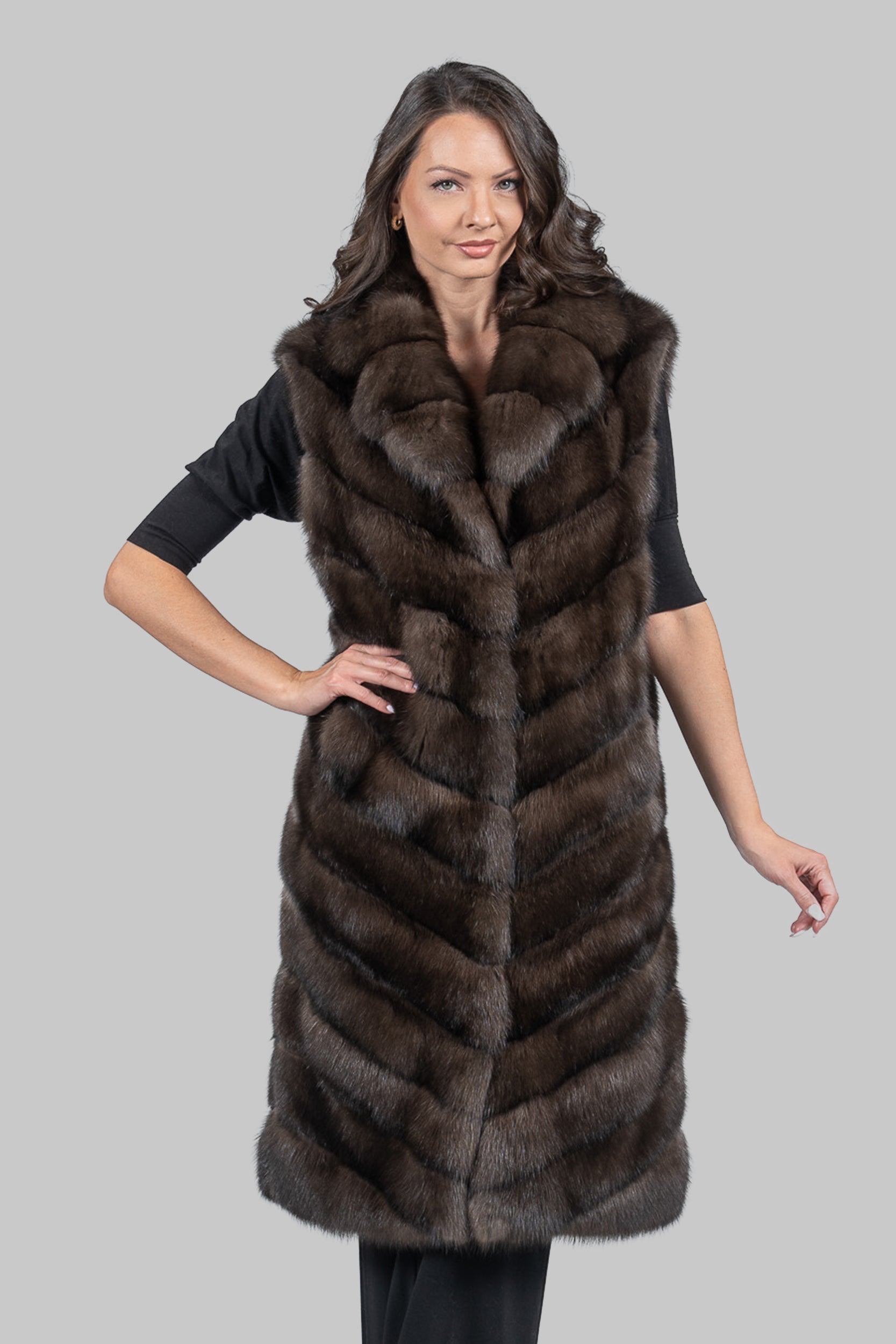 Dark Sable Long Vest with Notch Collar