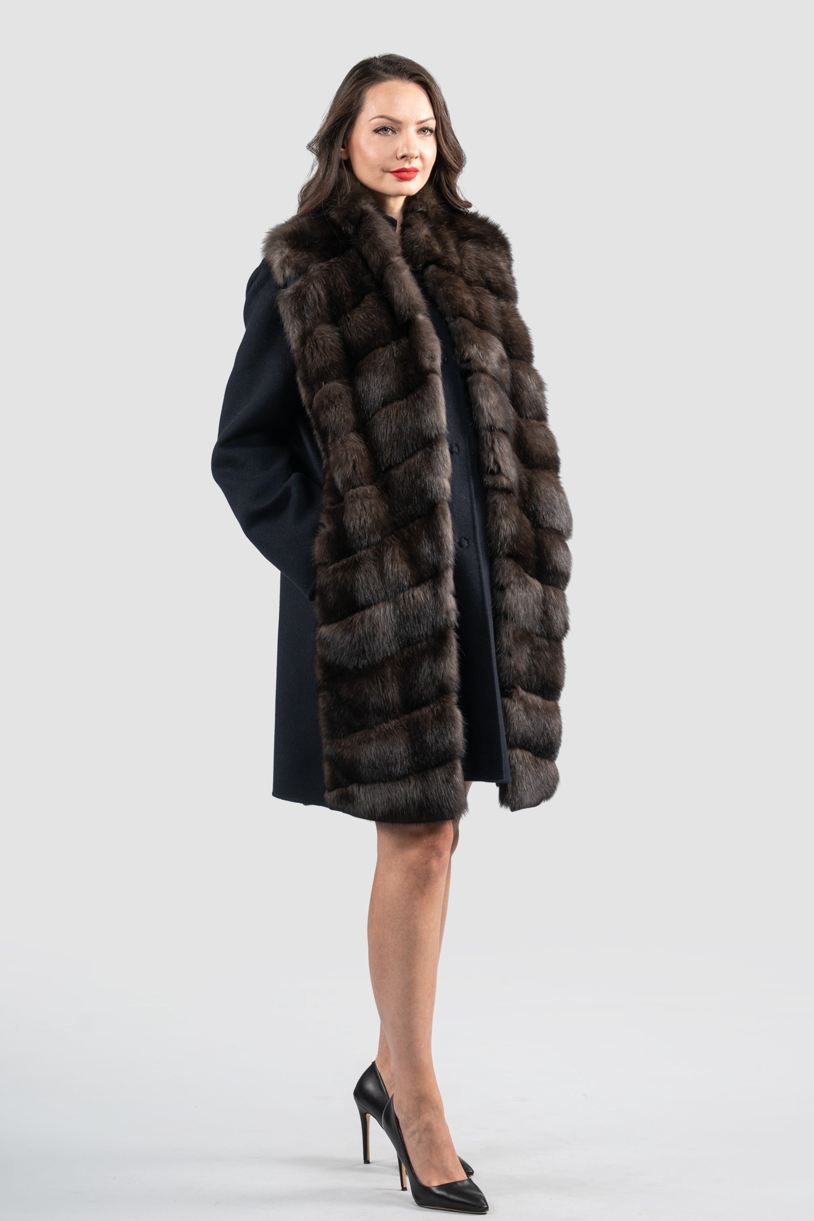 Blue Black Cashmere Half Coat & Vest with Russian Sable Trim