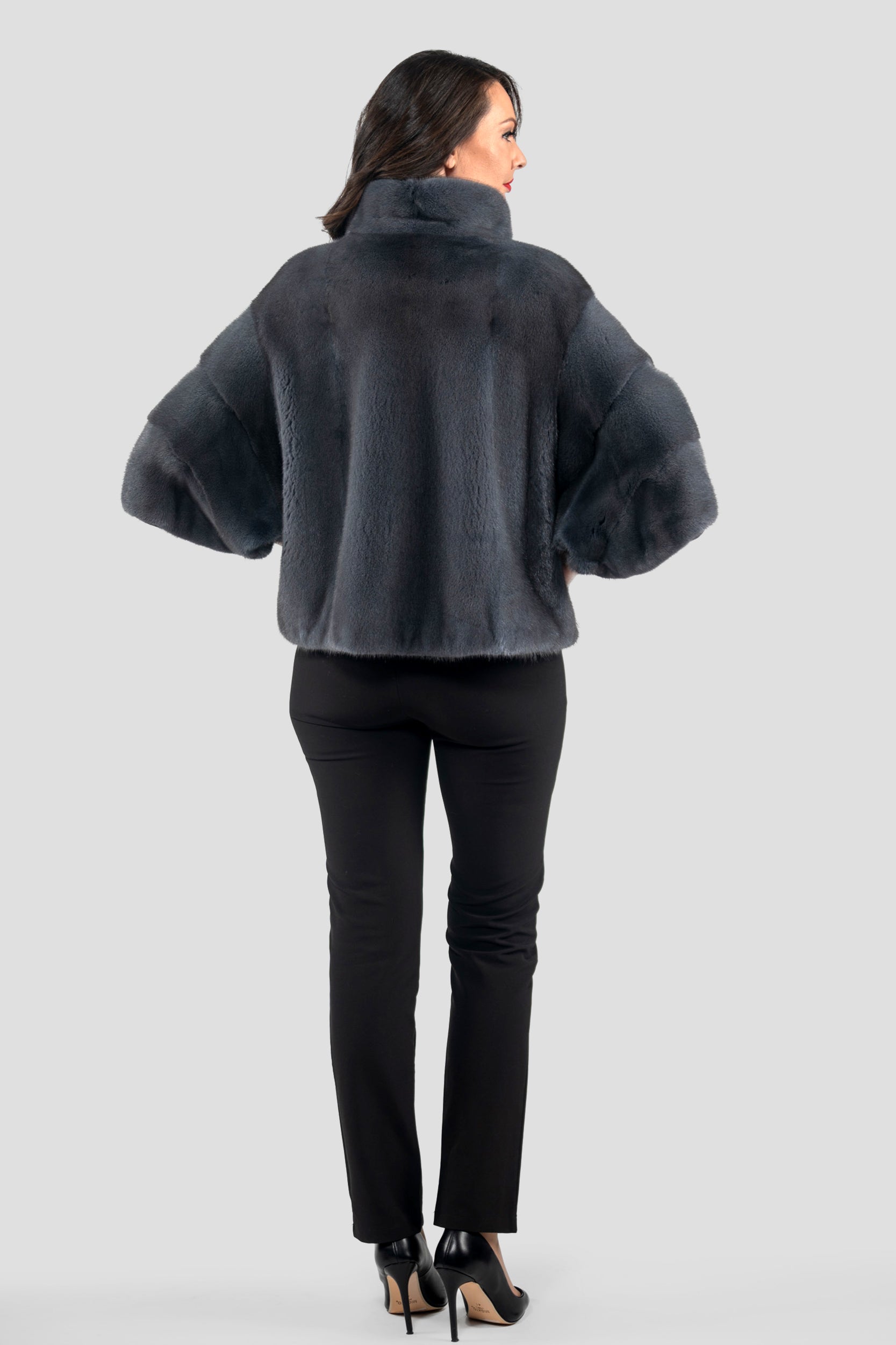 Asphalto Mink Jacket with Stand Collar and Short Sleeves