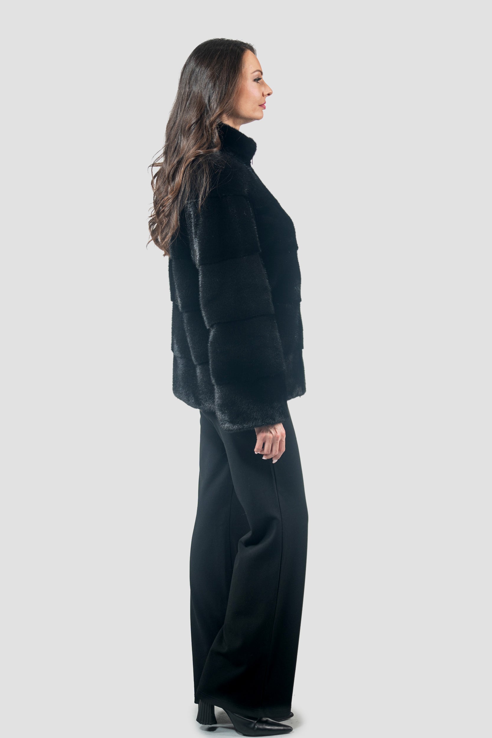Black Mink Jacket with Stand Collar and Zipper
