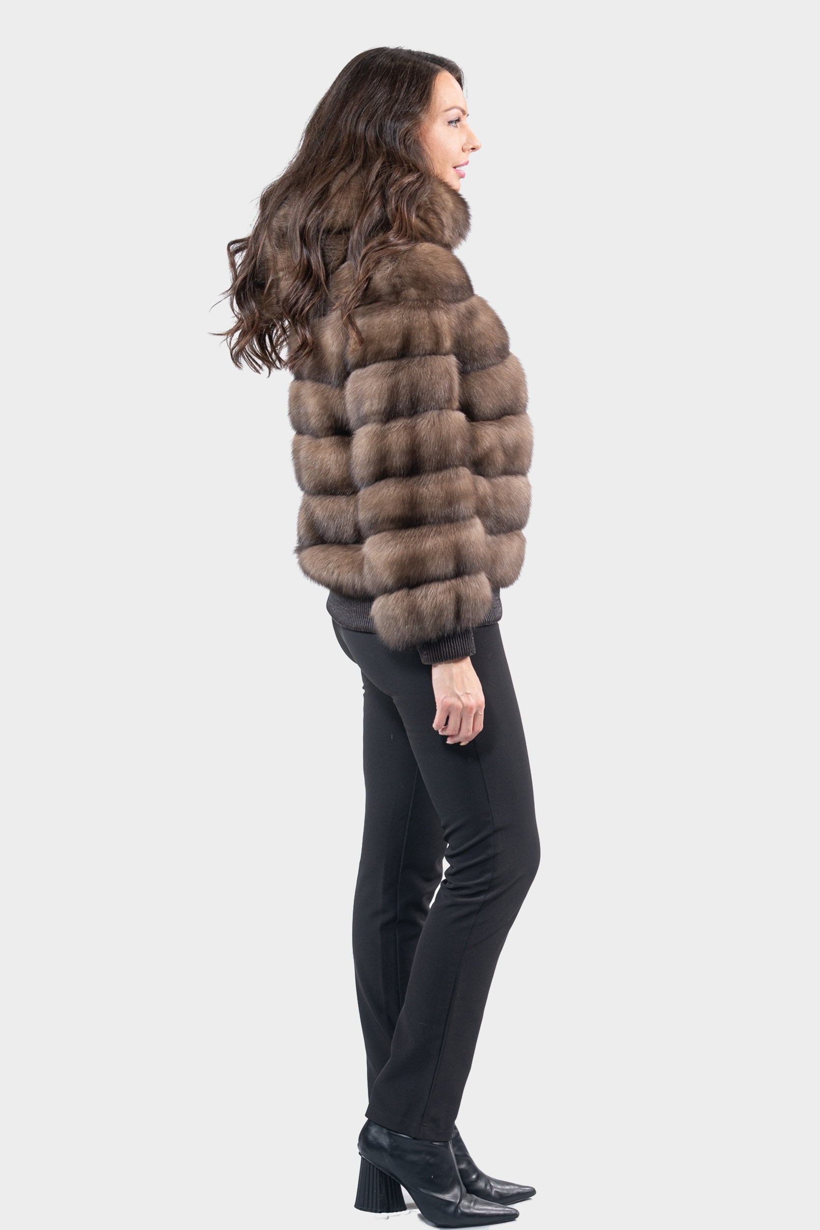 Reversible Titanium Russian Sable Bomber Jacket with Attached Hood