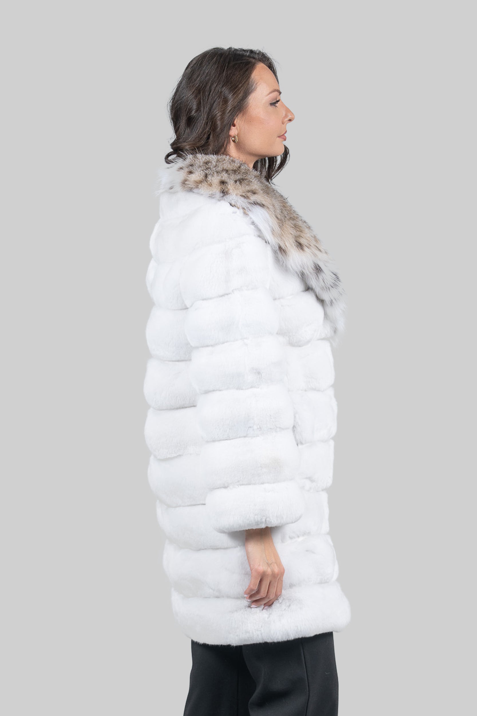 Pure White Chinchilla Half Coat with Bobcat Fur Collar