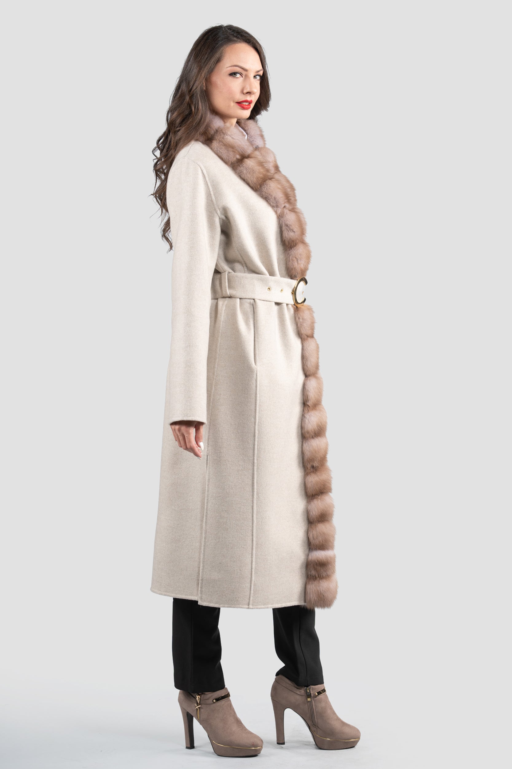 White Ecru Cashmere Coat with Russian Sable Trim
