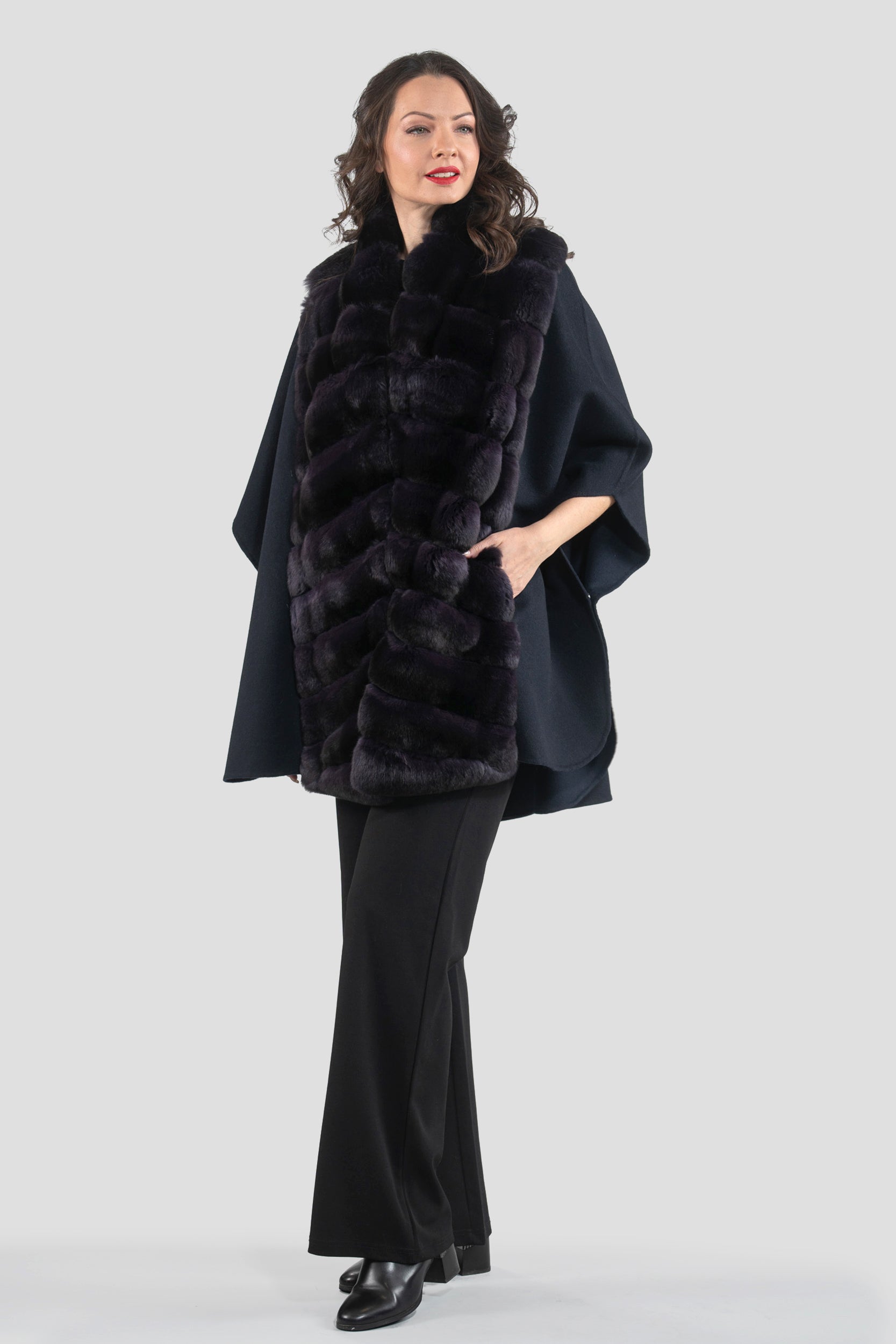 Black Cashmere Cape with Aubergine Chinchilla Trim