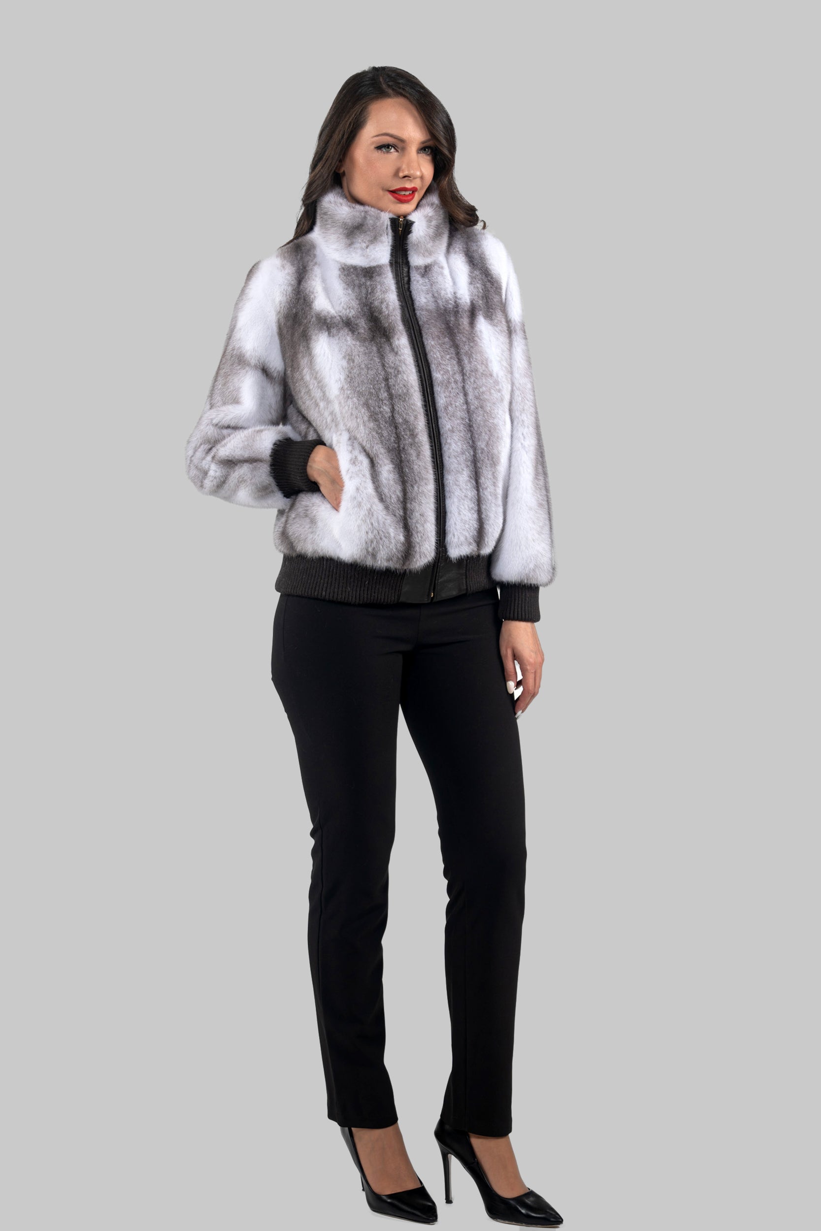 Silver Cross Mink Bomber Jacket with Stand Collar