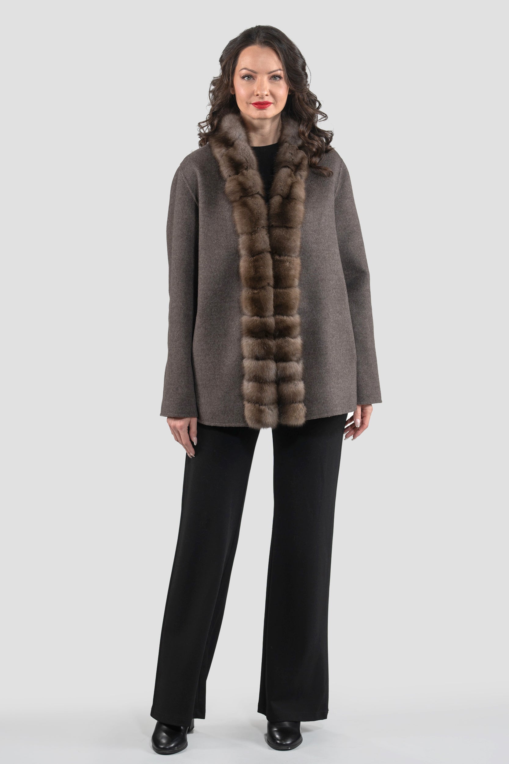 Grey Cashmere Wool Jacket with Russian Sable Trim