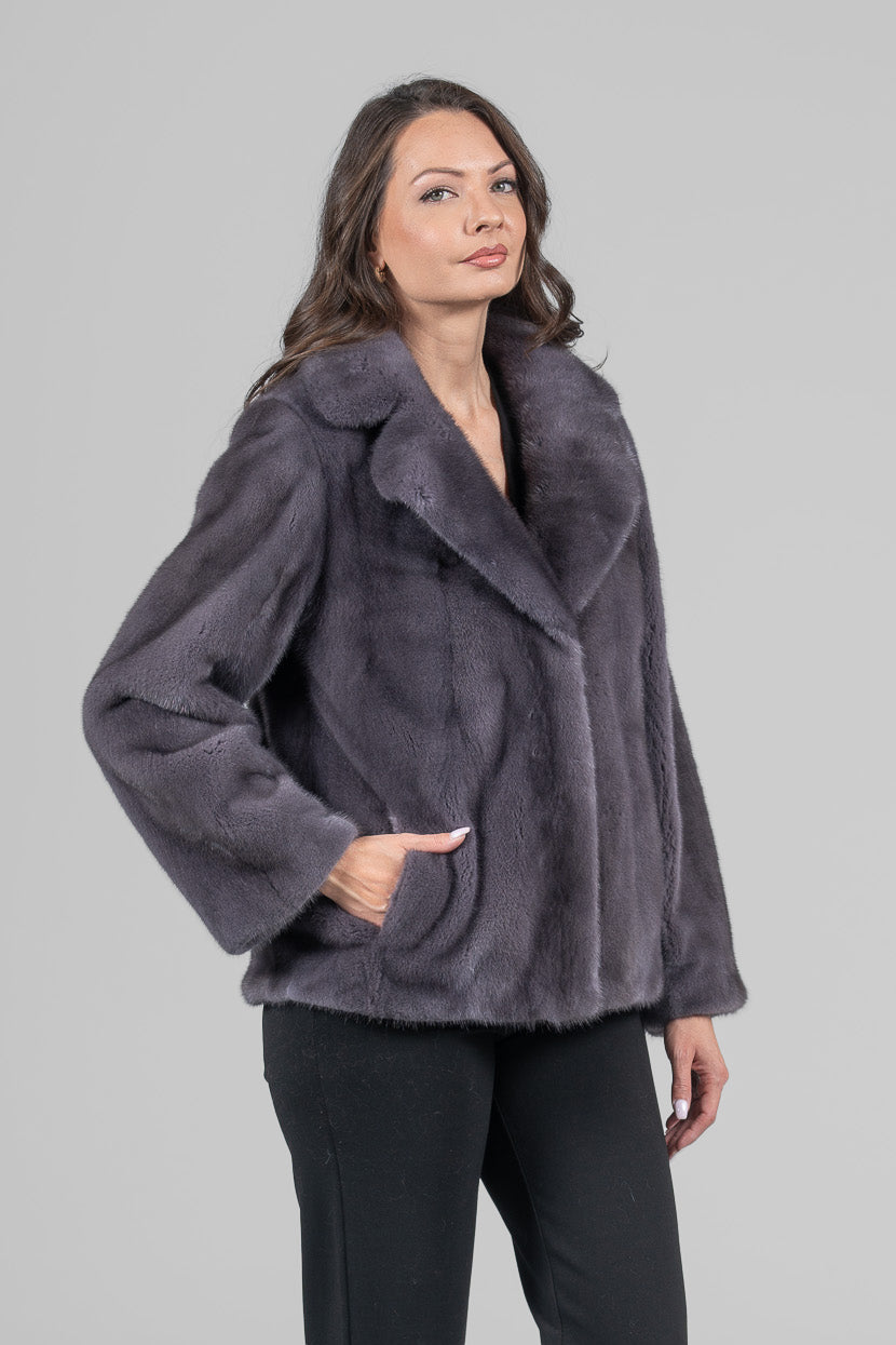 Grey Moon Mink Fur Jacket with Notch Collar