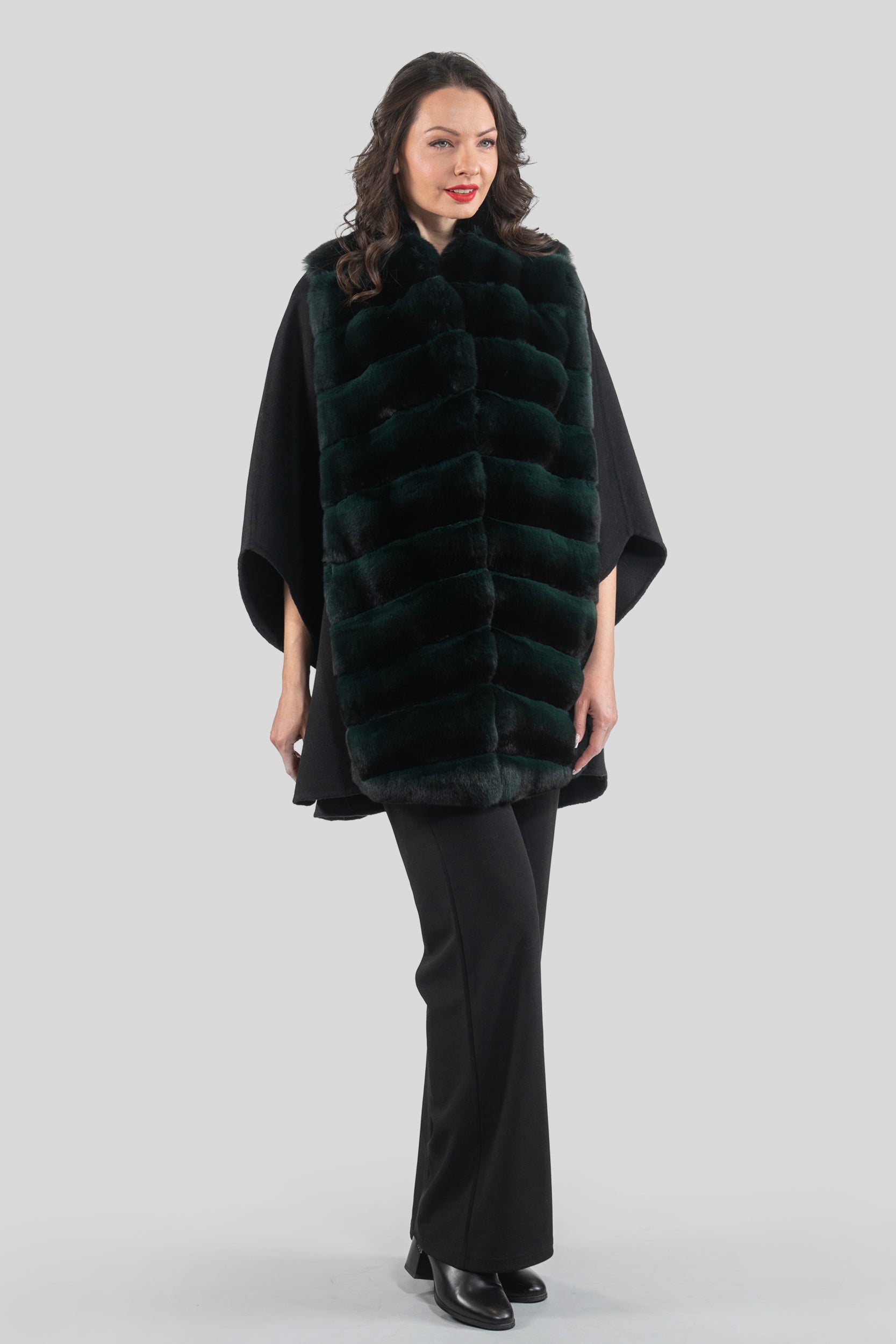 Black Cashmere Cape with Green Chinchilla Trim