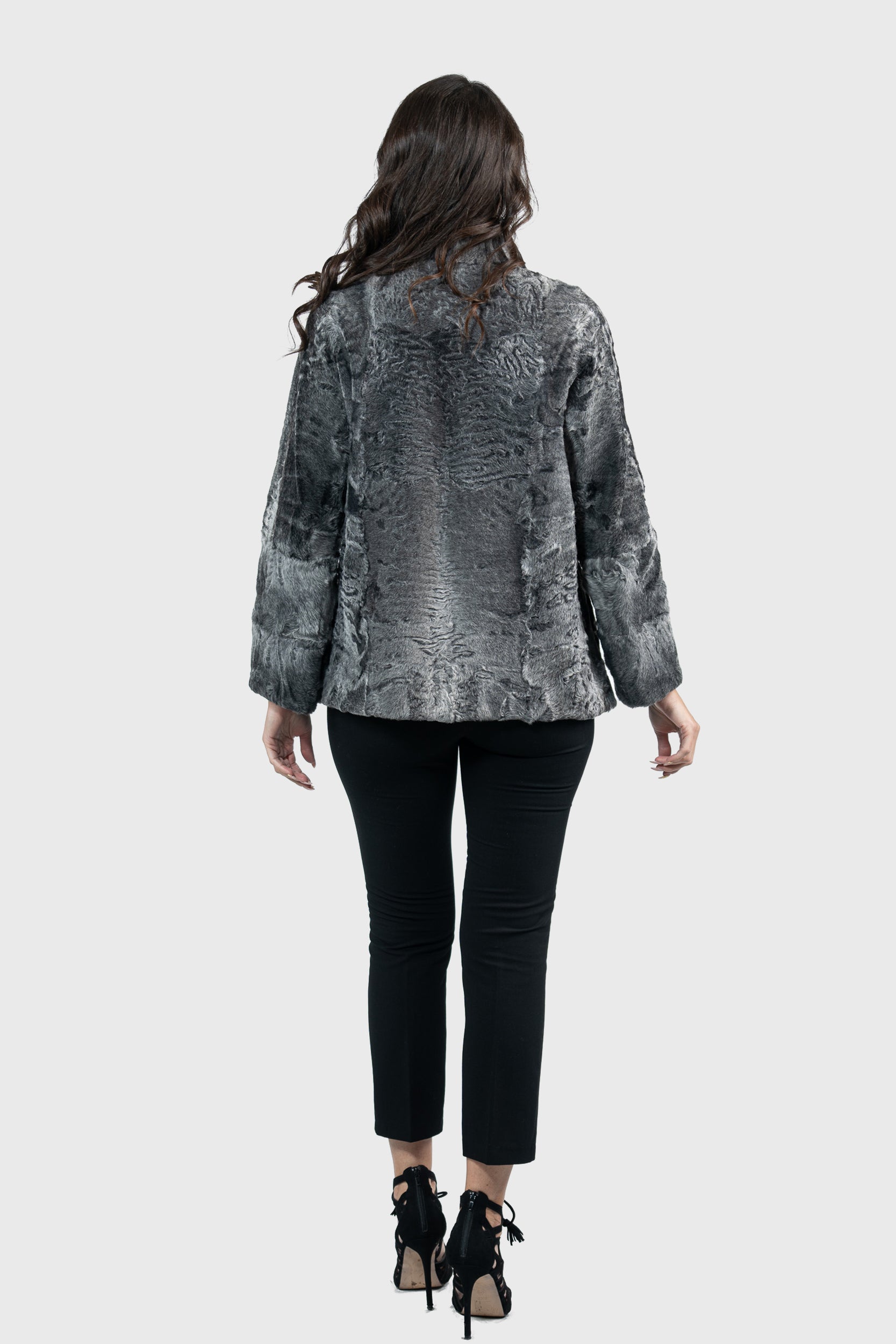 Gray Swakara Jacket with Stand Collar