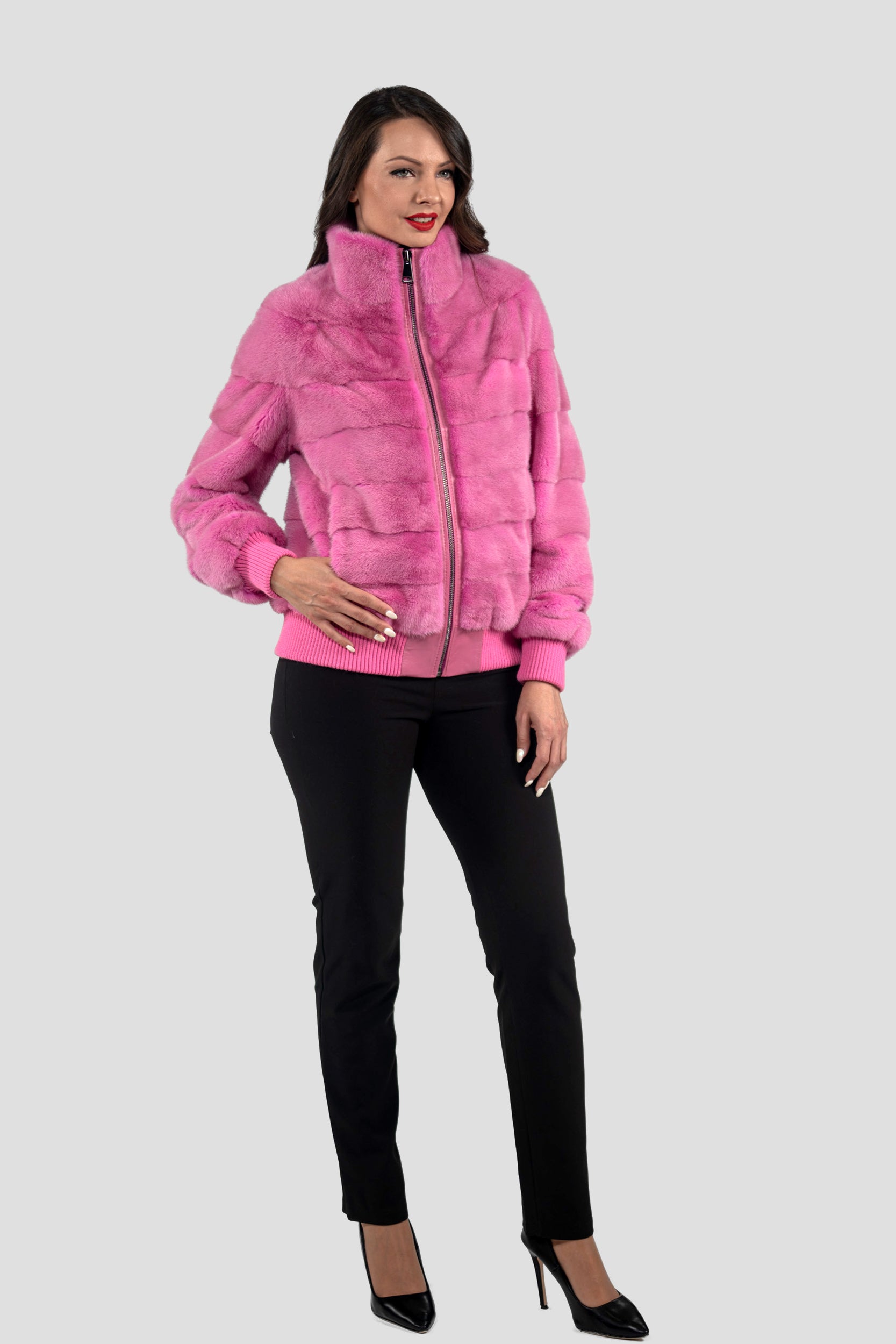 Fuchsia Mink Bomber Jacket with Stand Collar
