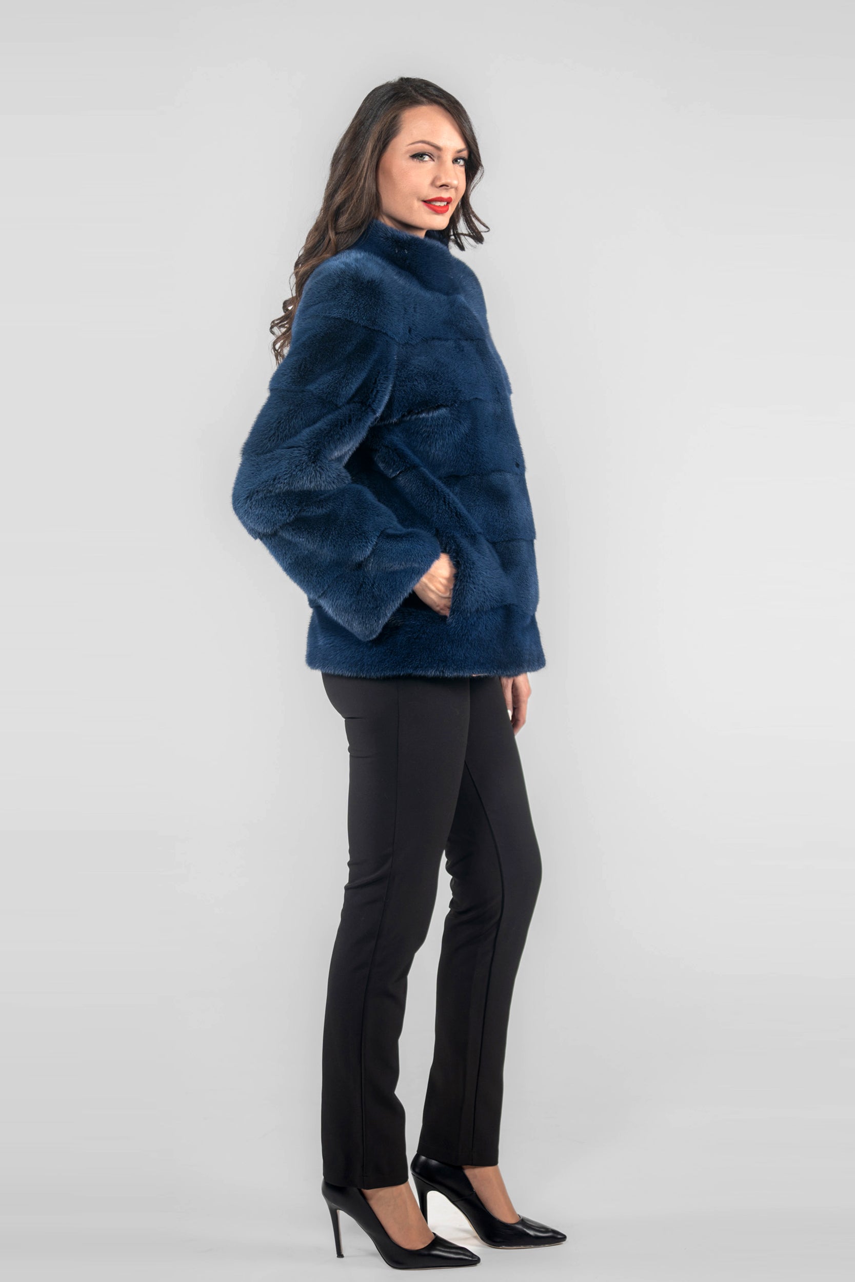 Blue Black Mink Jacket with Stand Collar