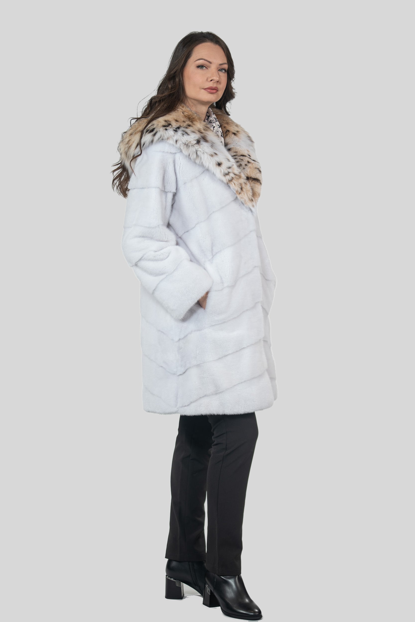 White Mink Half Coat with Bobcat Hood