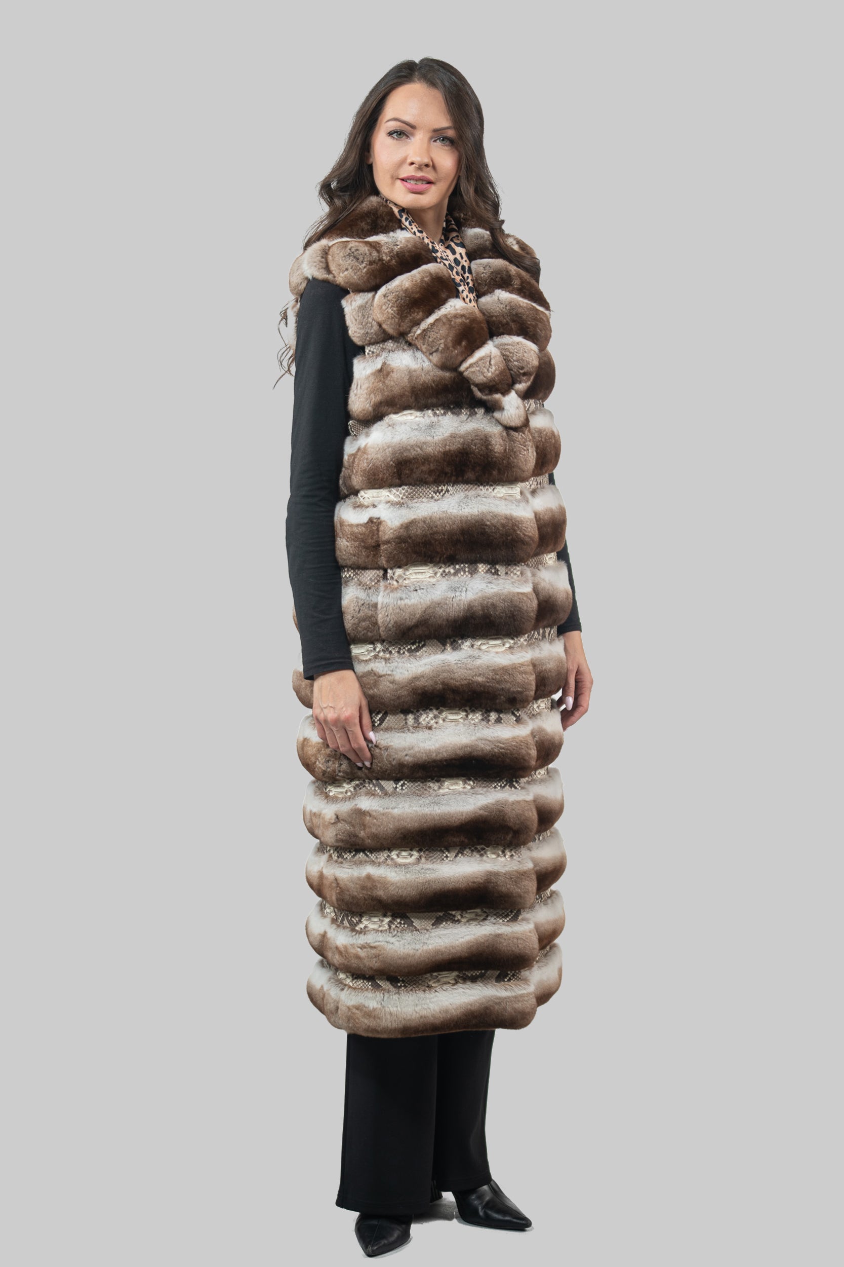 Orange Chinchilla Vest with Notch Collar & Snake Leather