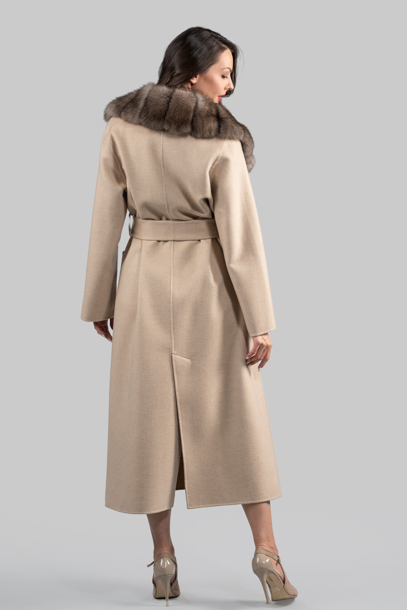 Ecru Cashmere Coat with Russian Sable Notch Collar