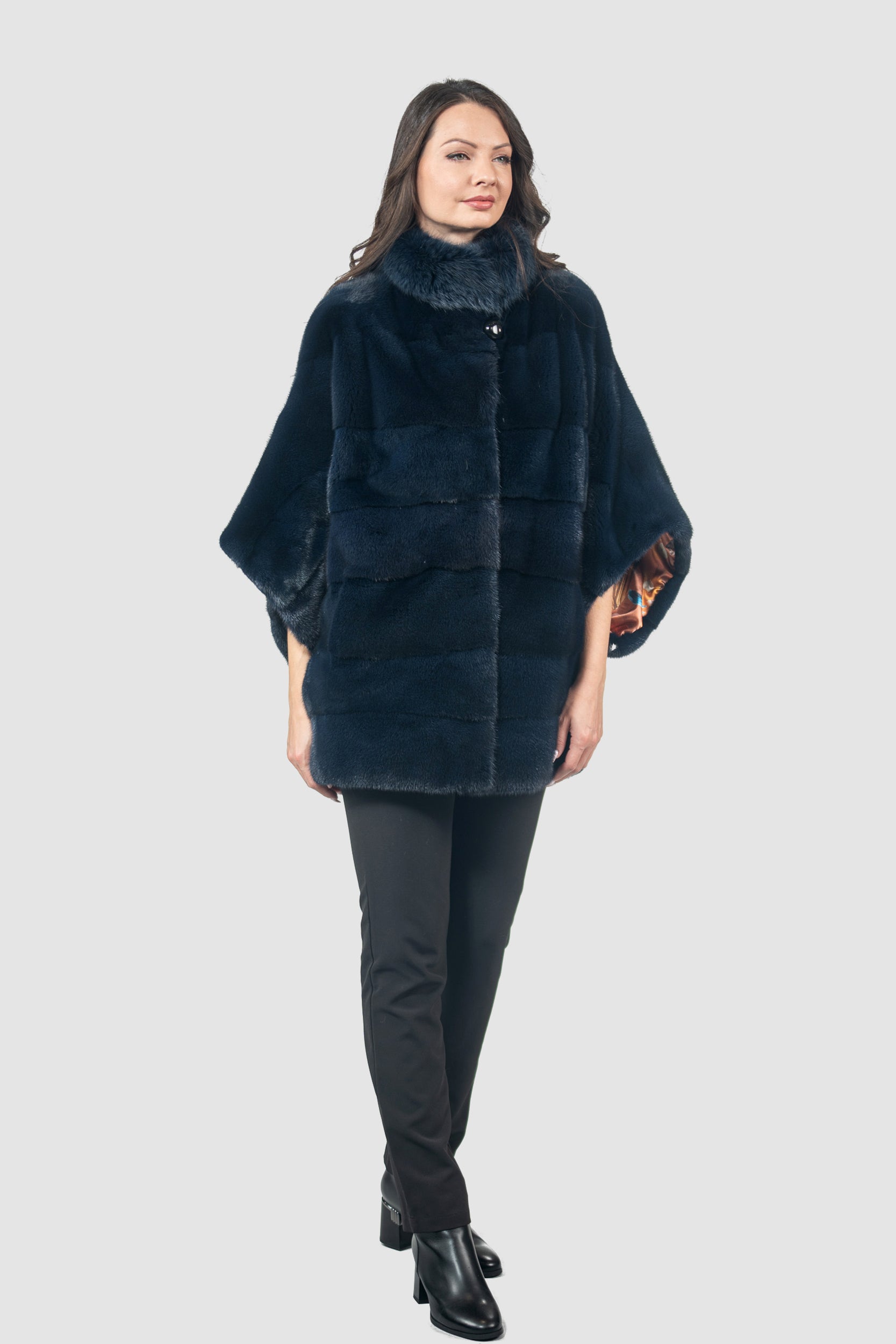 Blue Black Mink Cape with Russian Sable Stand Collar