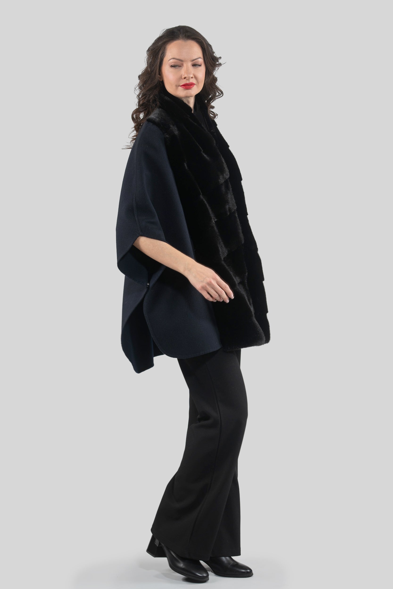 Blue Black Cashmere Cape with Mink Trim