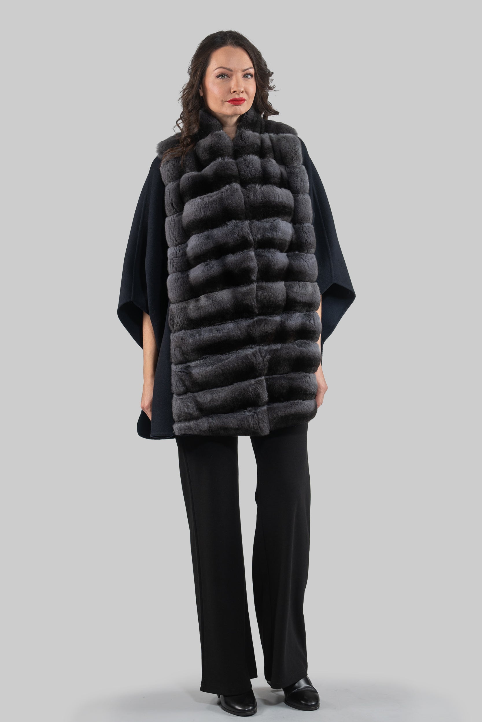 Blue Black Cashmere Cape with Oracle Chinchilla Trim