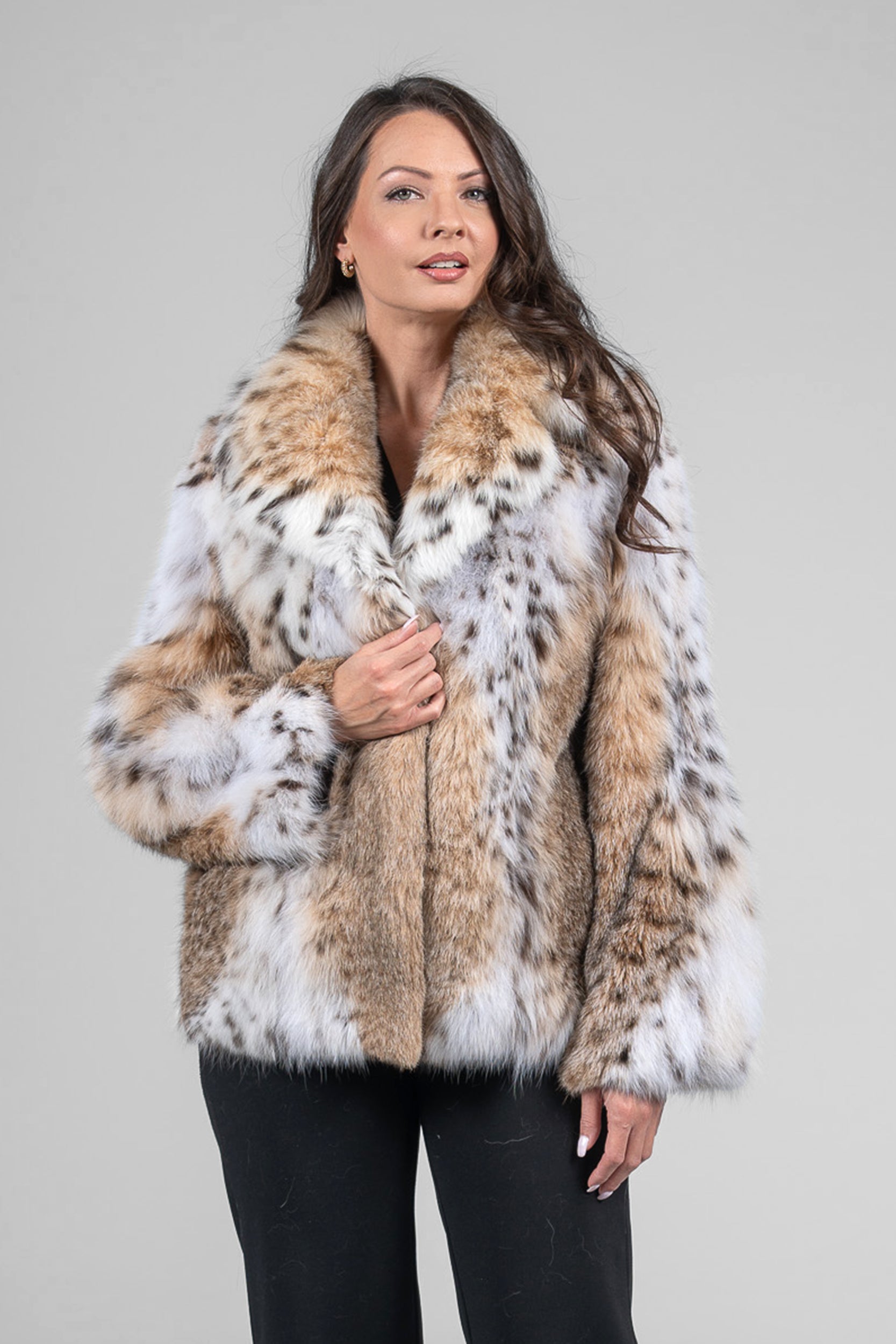 Bobcat Fur Jacket with Notch Collar in Natural Spotted Pattern