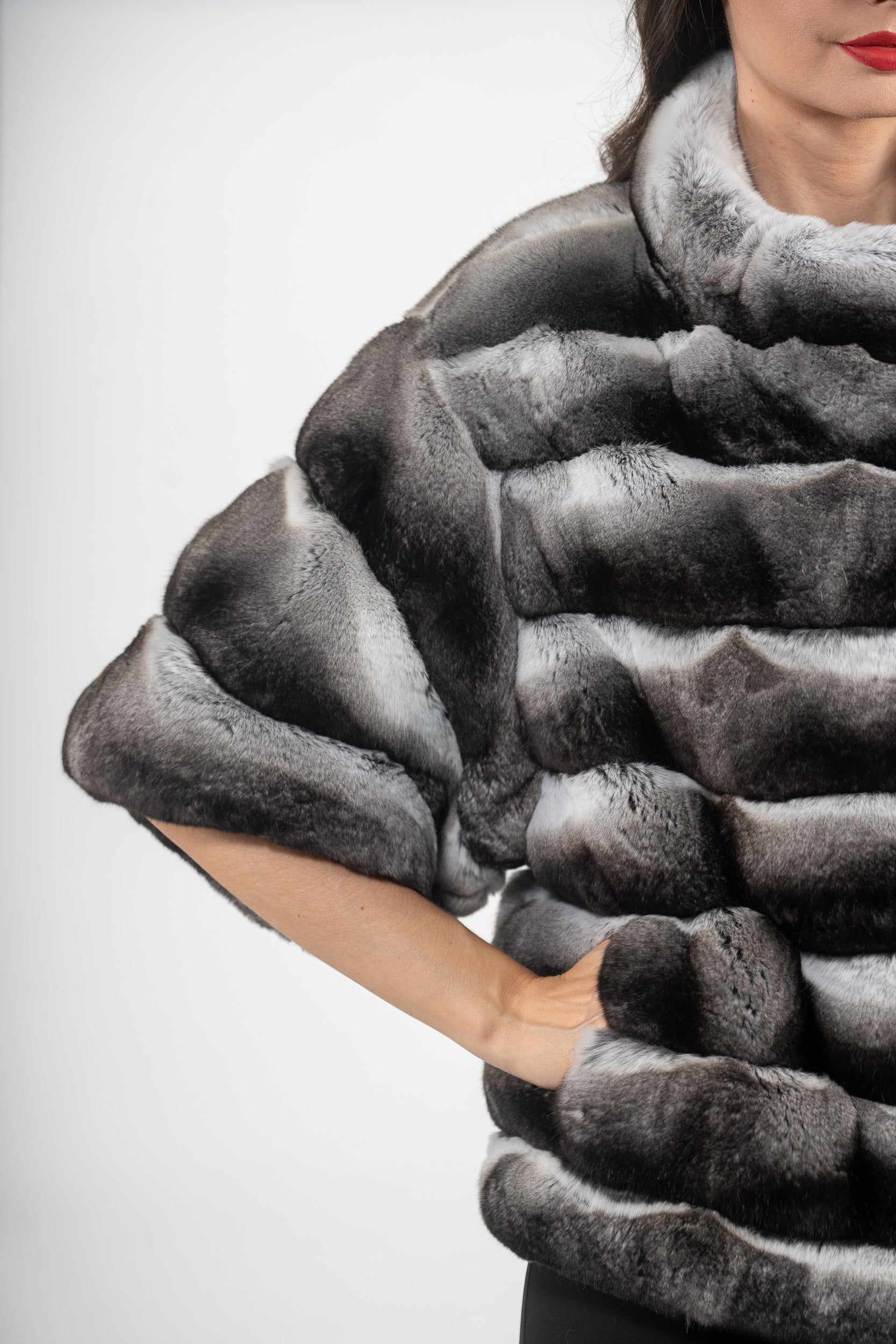 Chinchilla Jacket with Stand Collar and Short Sleeves