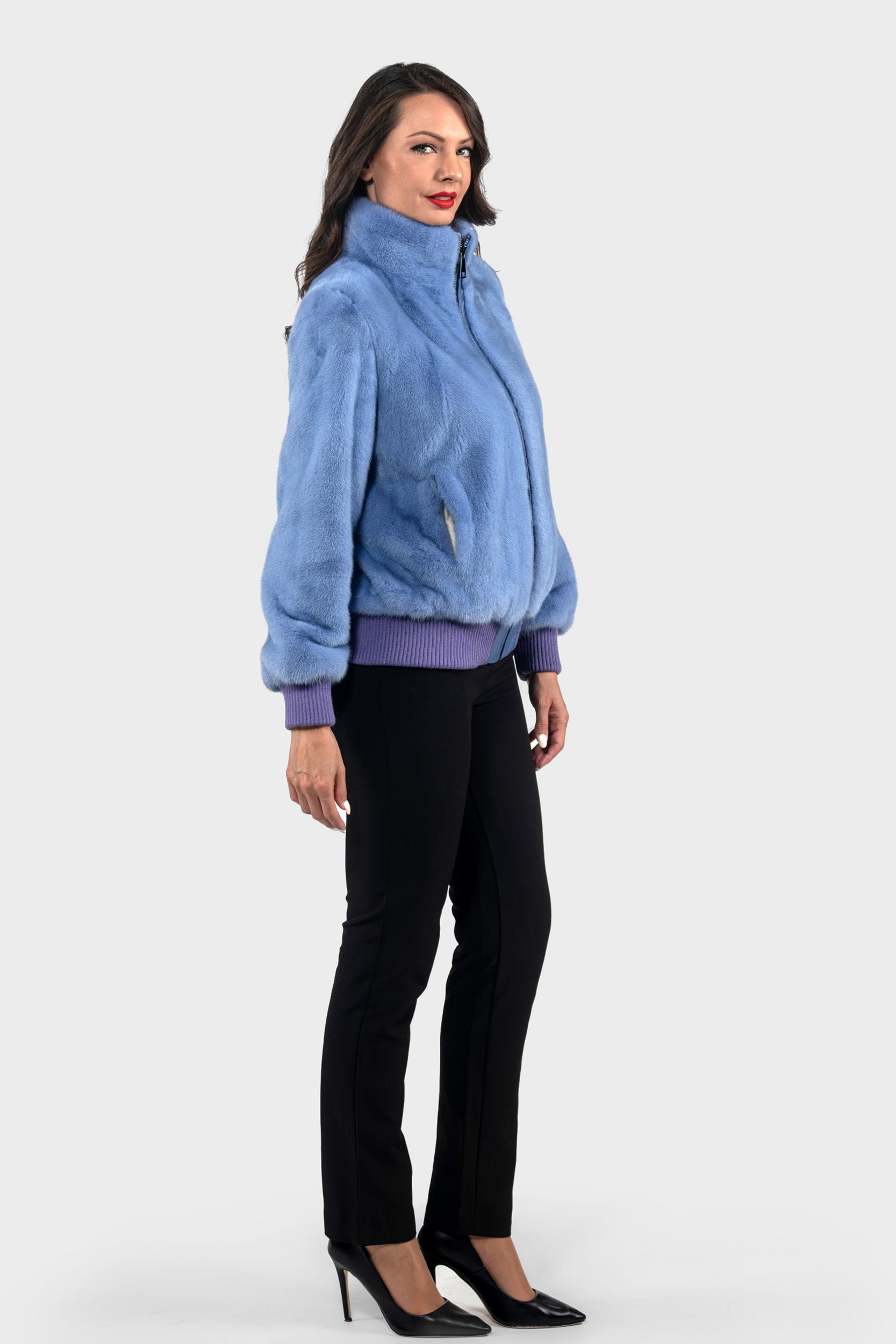 Aqua Marine Mink Bomber Jacket with Stand Collar