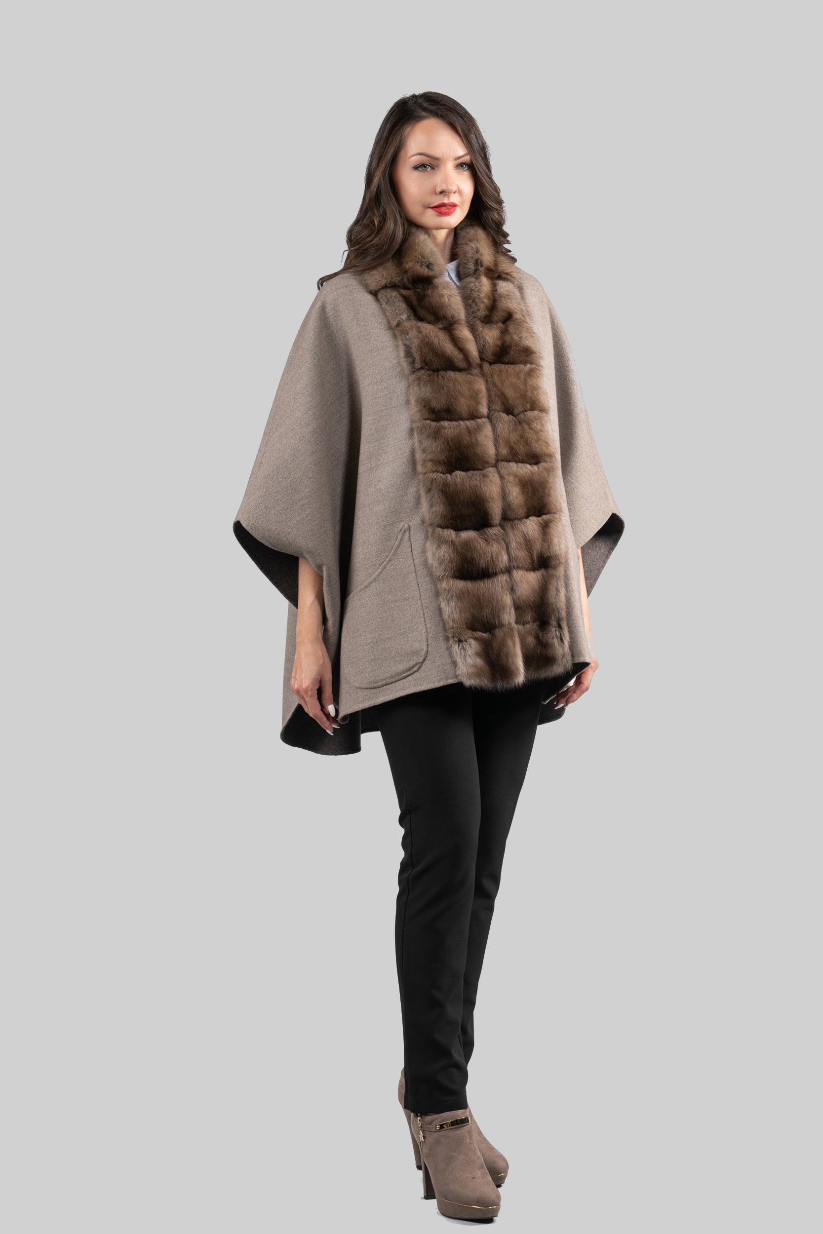 Grey Brown Cashmere Cape with Russian Sable Trim