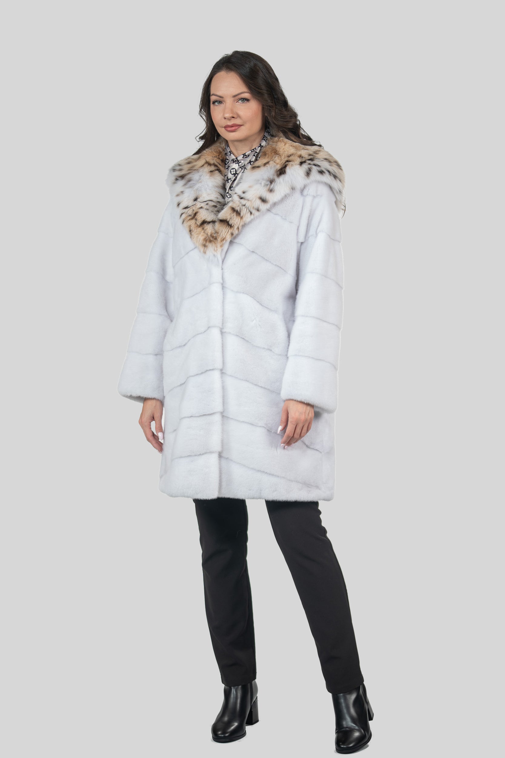 White Mink Half Coat with Bobcat Hood