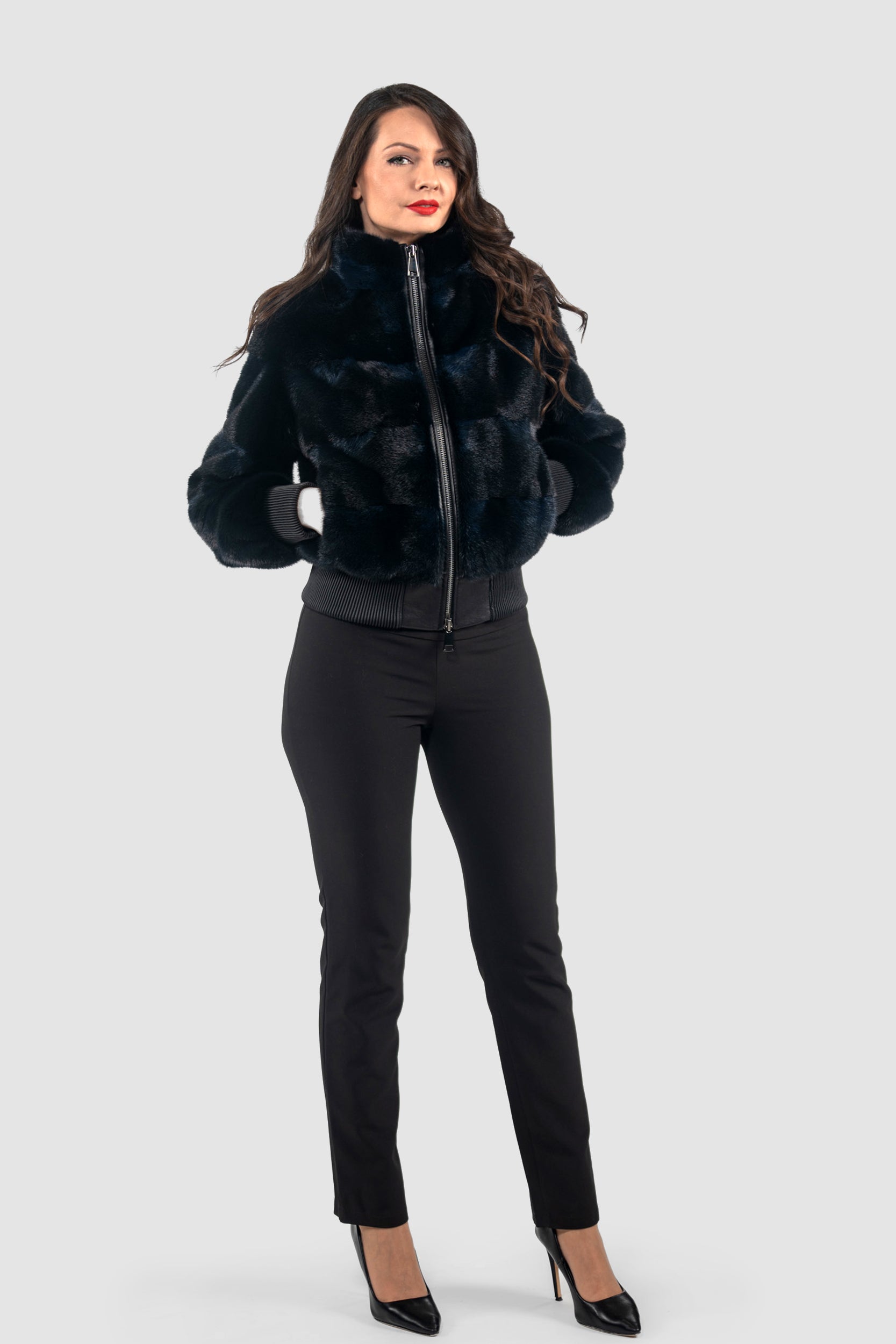 Blue Black Mink Bomber Jacket with Stand Collar